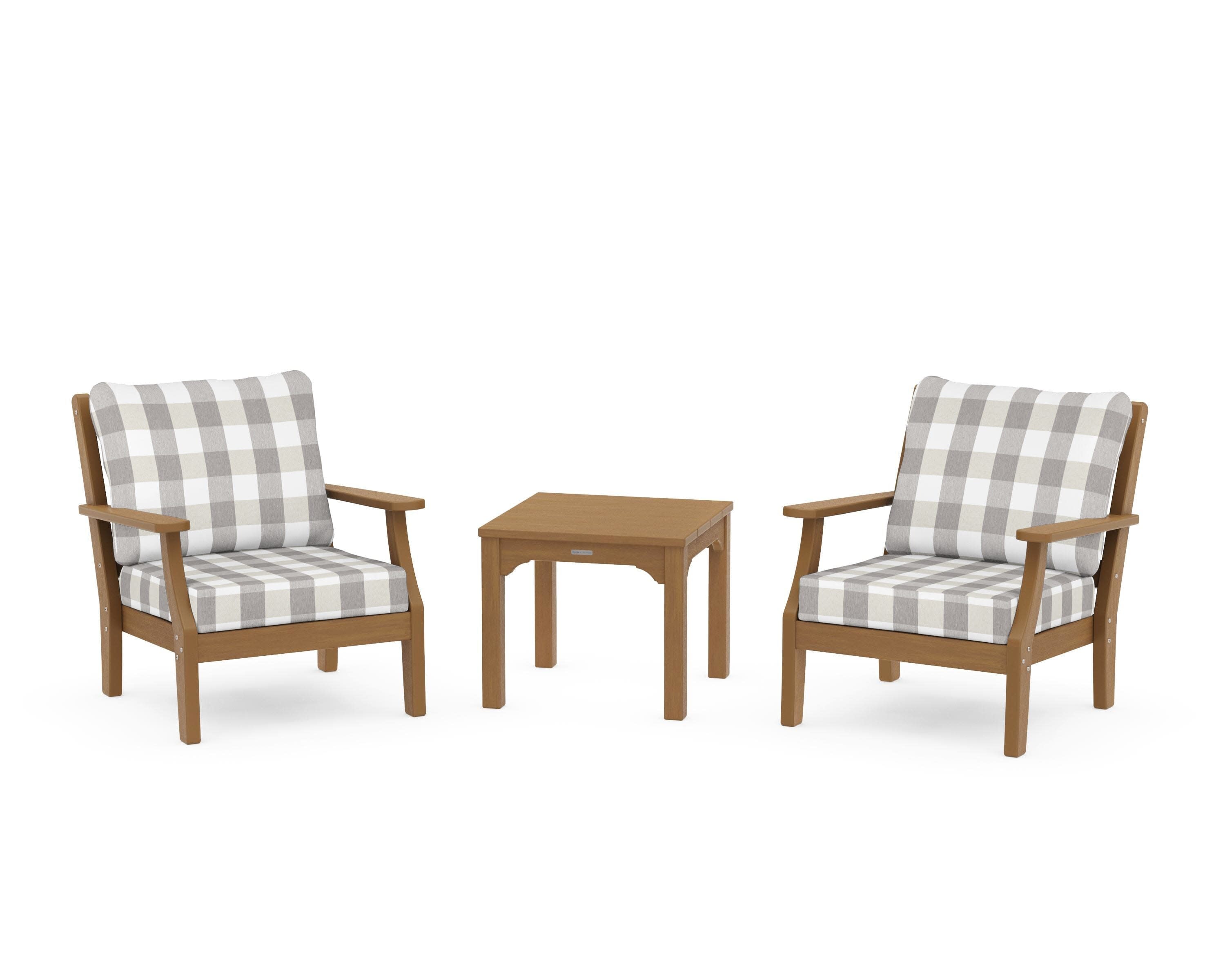 Chinoiserie 3-Piece Deep Seating Set in Natural / Buffalo Plaid Grey Mist
