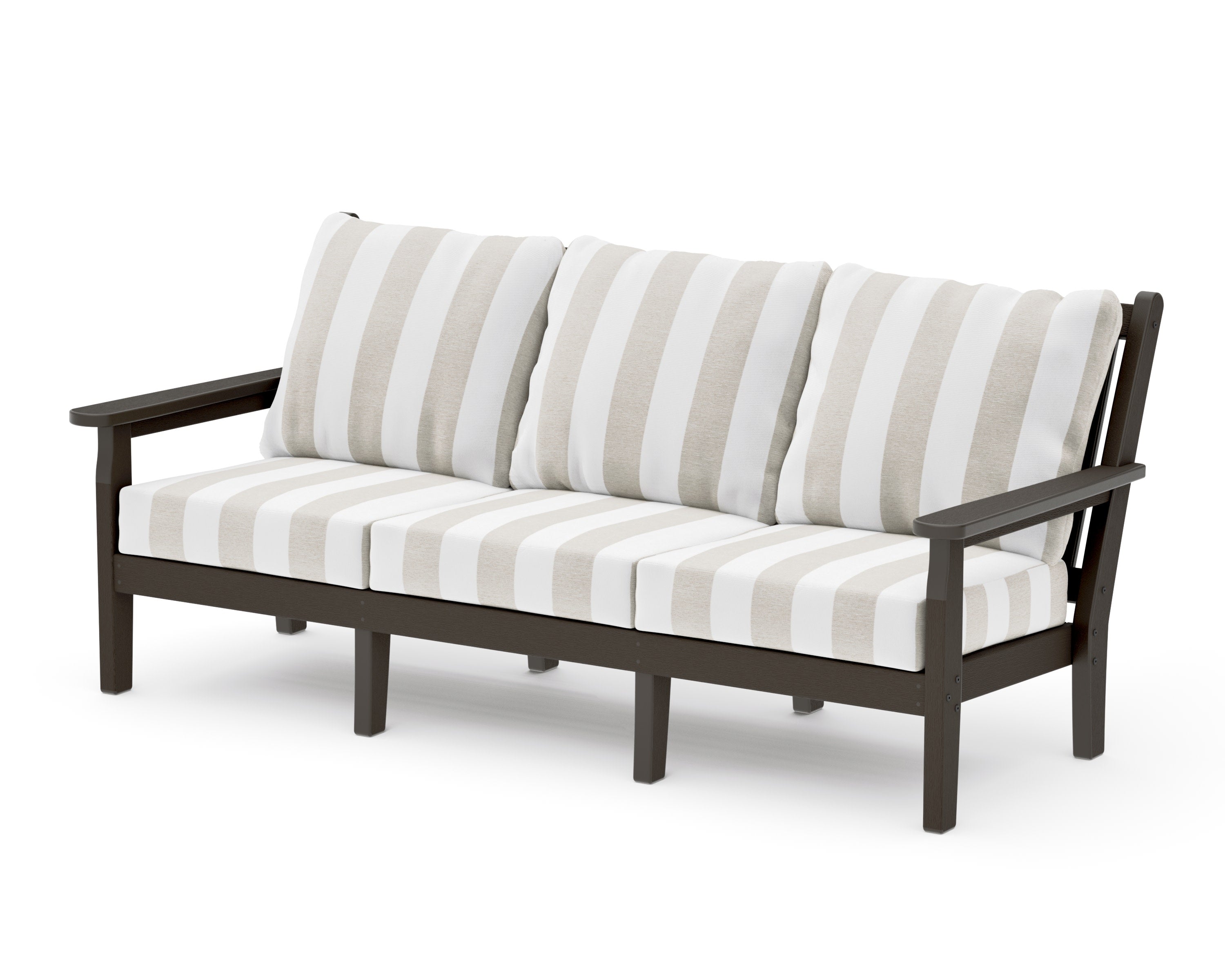 Chippendale Deep Seating Sofa in Vintage Coffee / Cabana Stripe Dune Burlap