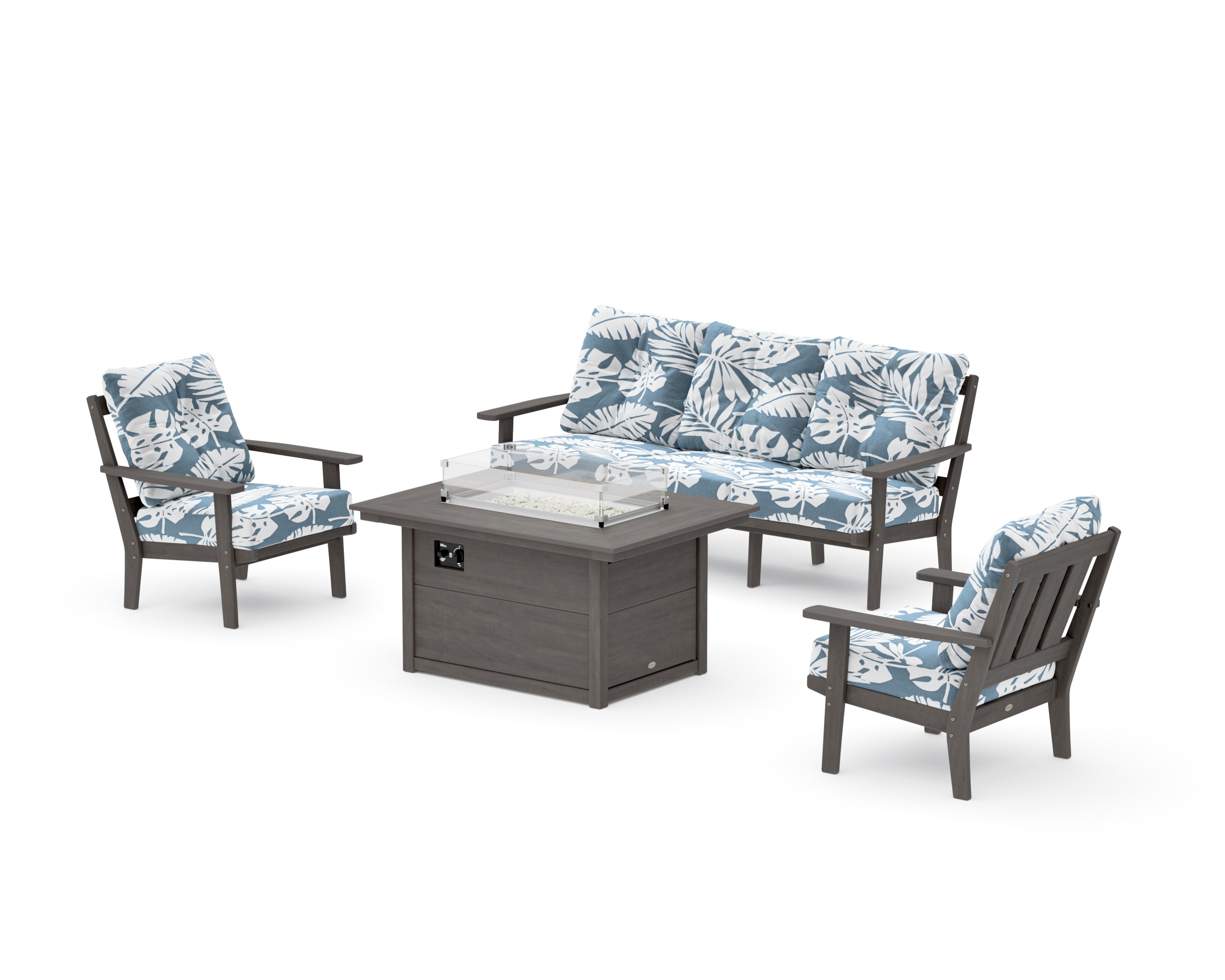 Oxford Deep Seating Fire Pit Table Set in Driftwood / Leaf Sky Blue