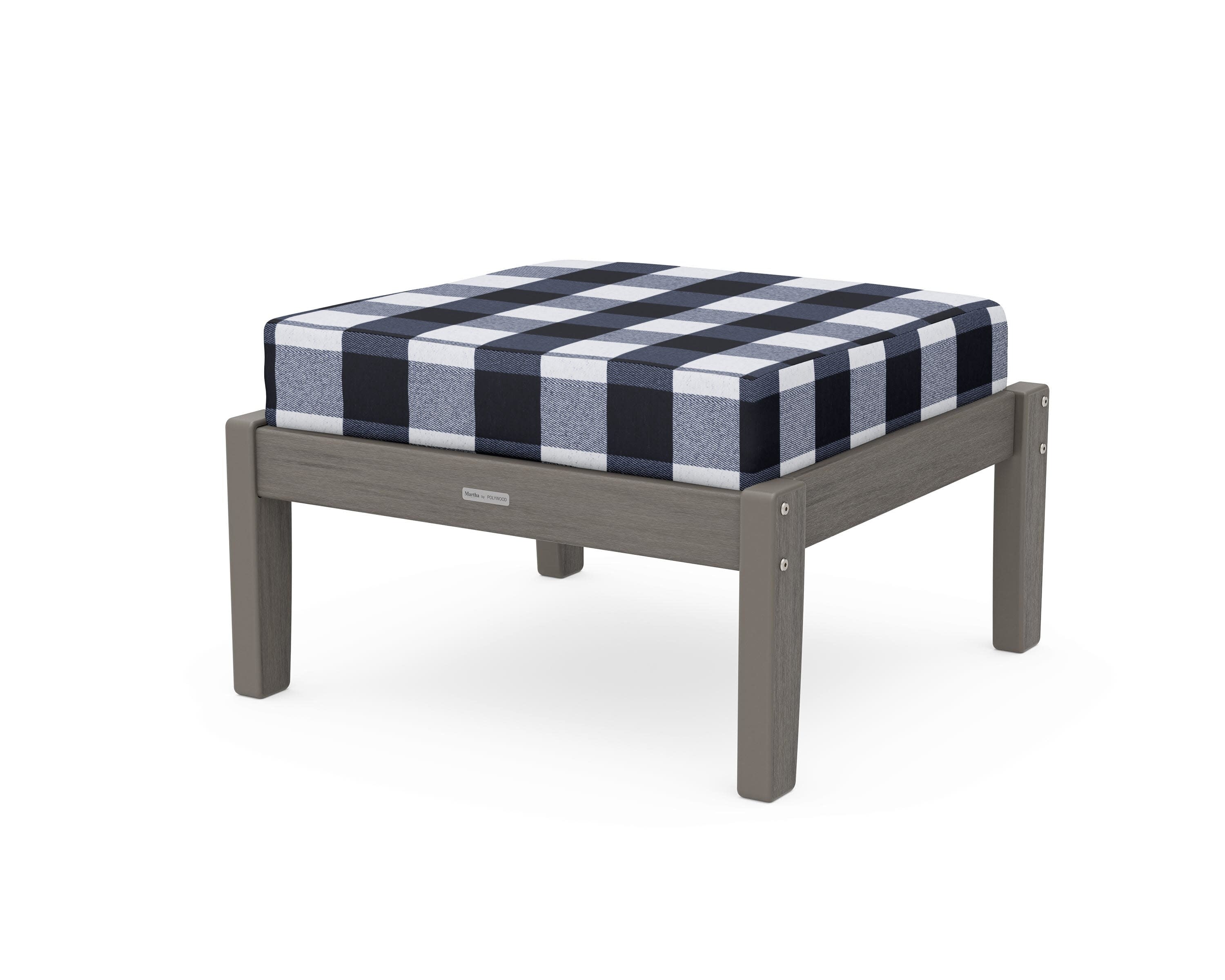 Chinoiserie Deep Seating Ottoman in Driftwood / Buffalo Plaid Marine Indigo