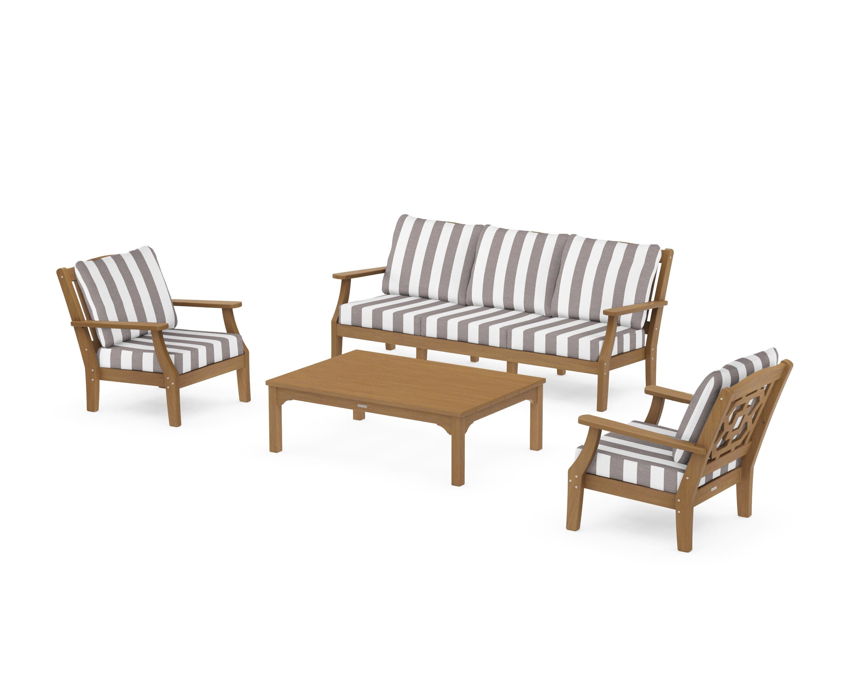 Chinoiserie 4-Piece Deep Seating Set with Sofa in Natural / Cabana Stripe Grey Mist