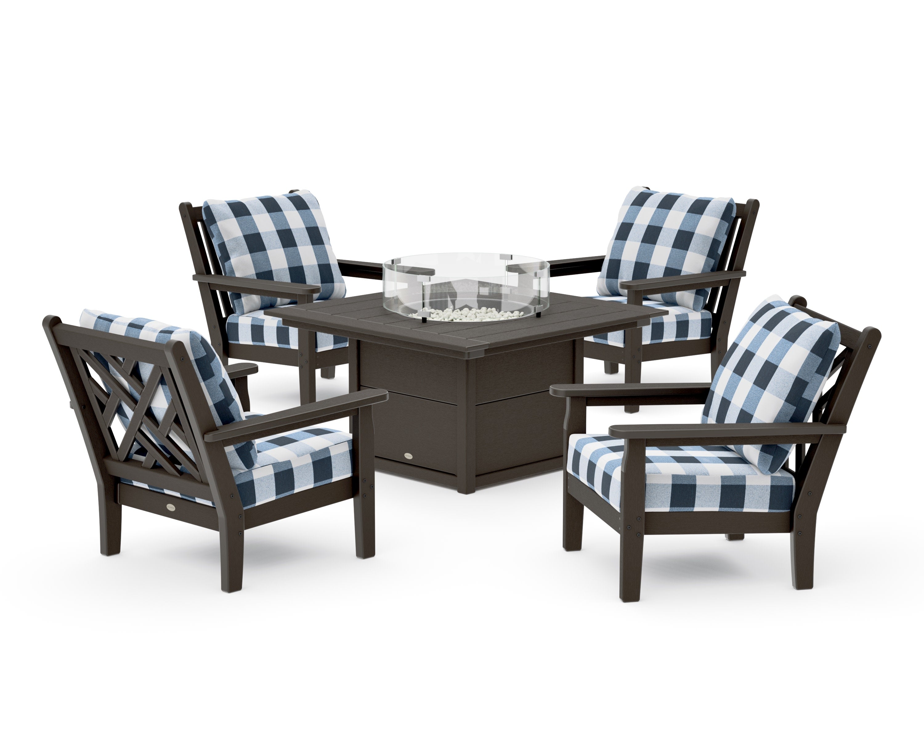Chippendale 5-Piece Deep Seating Set with Fire Pit Table in Vintage Coffee / Buffalo Plaid Marine Indigo