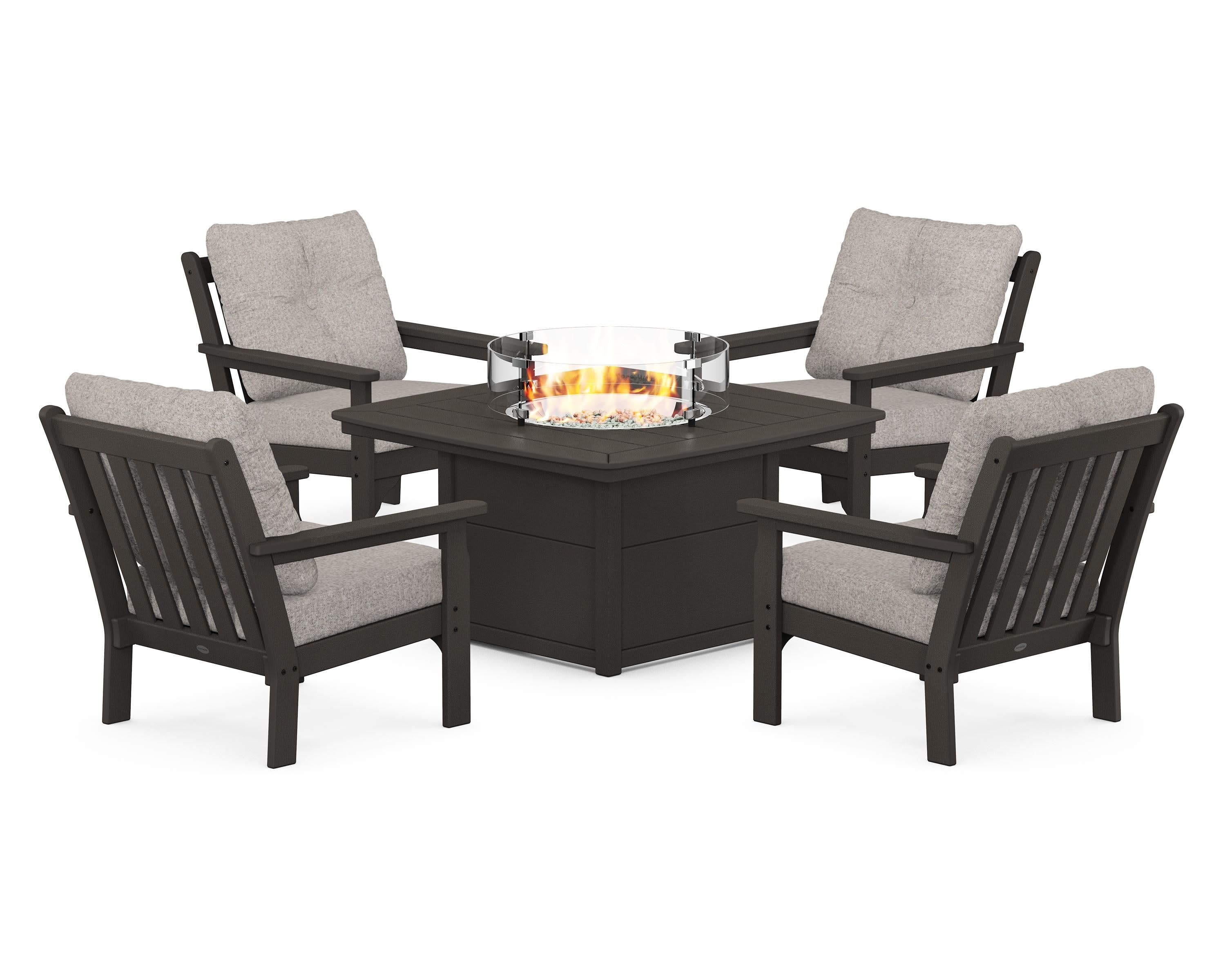 Vineyard 5-Piece Conversation Set with Fire Pit Table in Vintage Coffee / Weathered Tweed