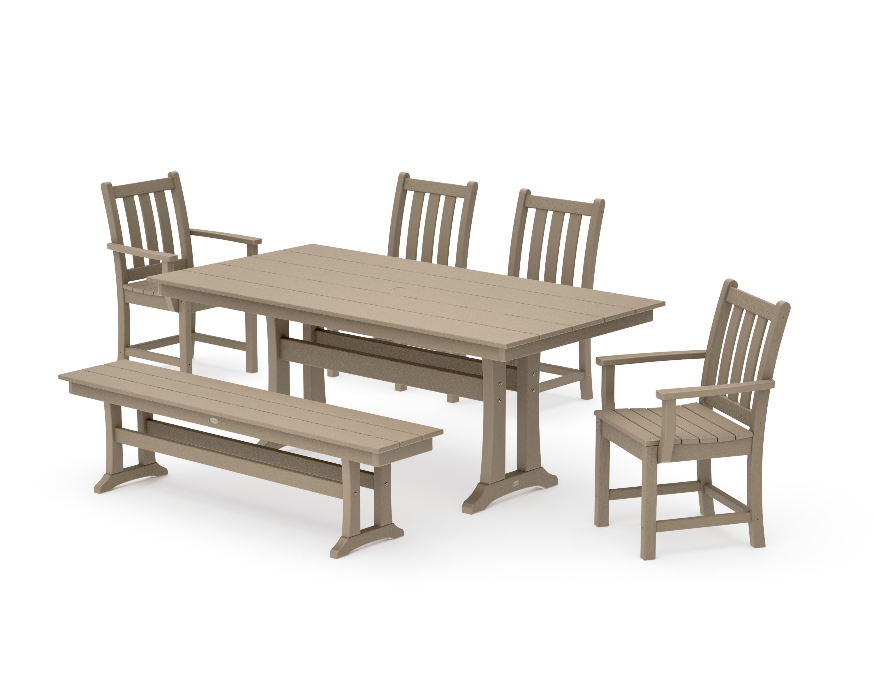 Traditional Garden 6-Piece Farmhouse Dining Set with Trestle Legs and Bench in Vintage Sahara