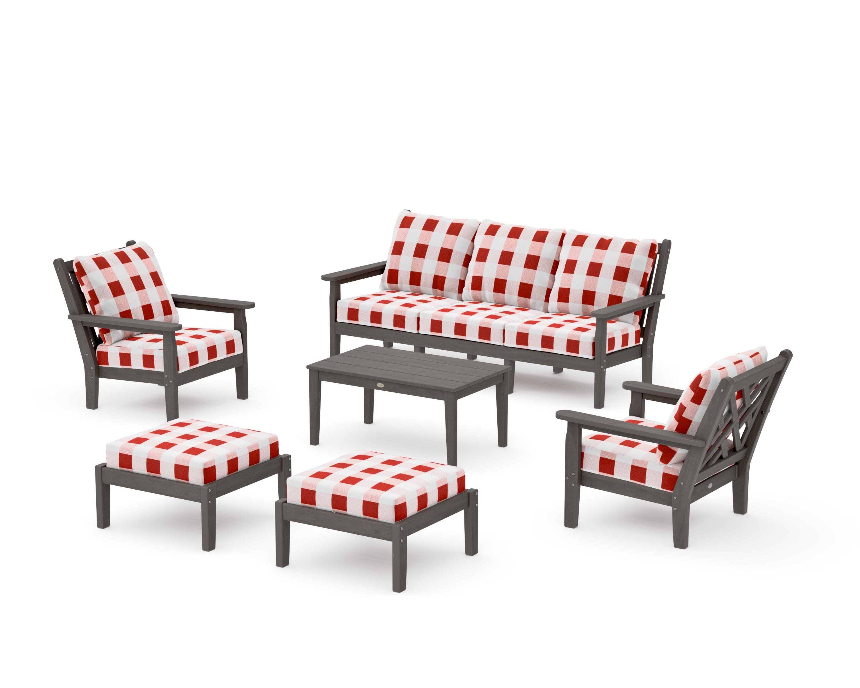 Chippendale 6-Piece Lounge Sofa Set in Driftwood / Buffalo Plaid Crimson