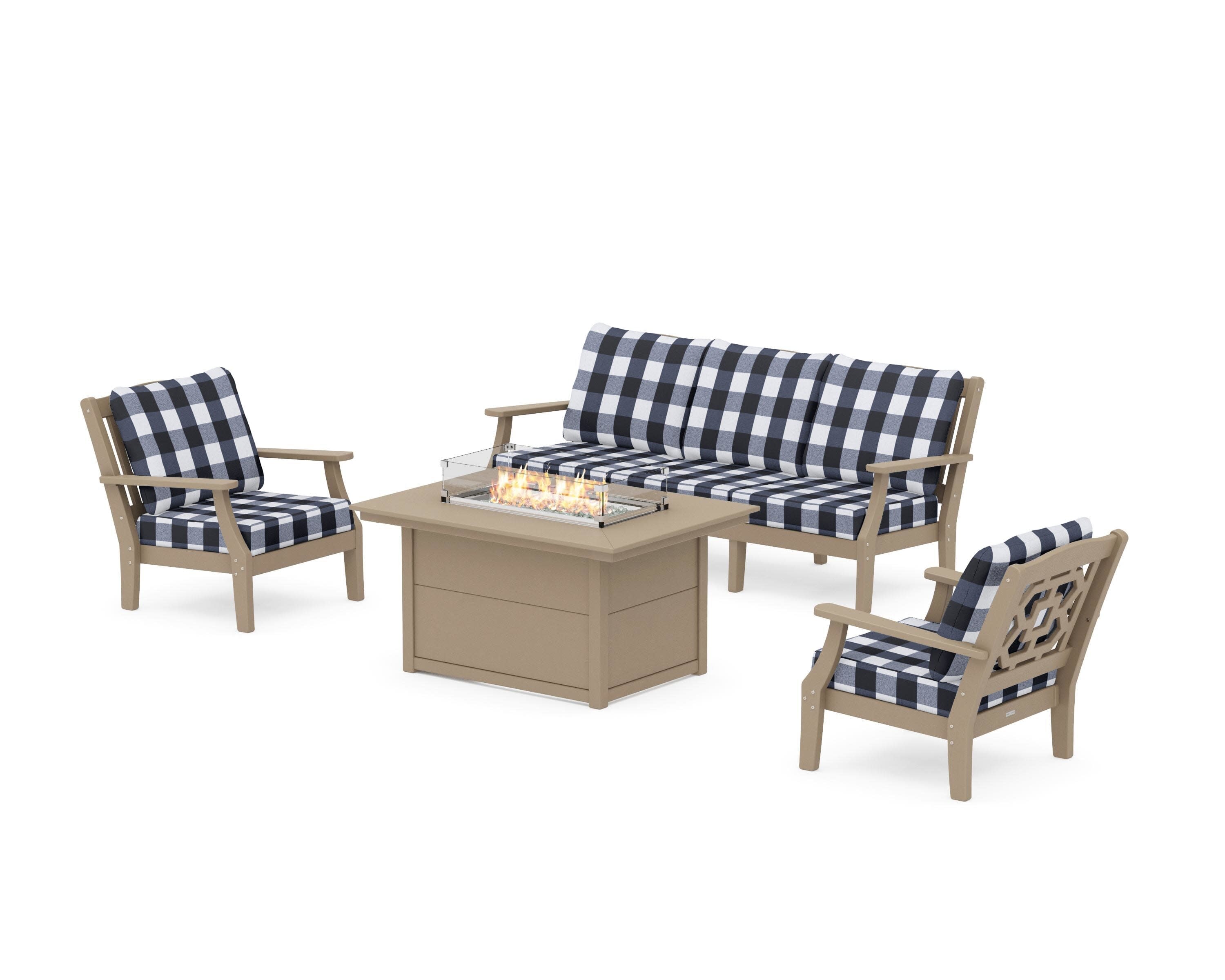 Chinoiserie Deep Seating Fire Pit Table Set in Vintage Sahara / Buffalo Plaid Marine Indigo