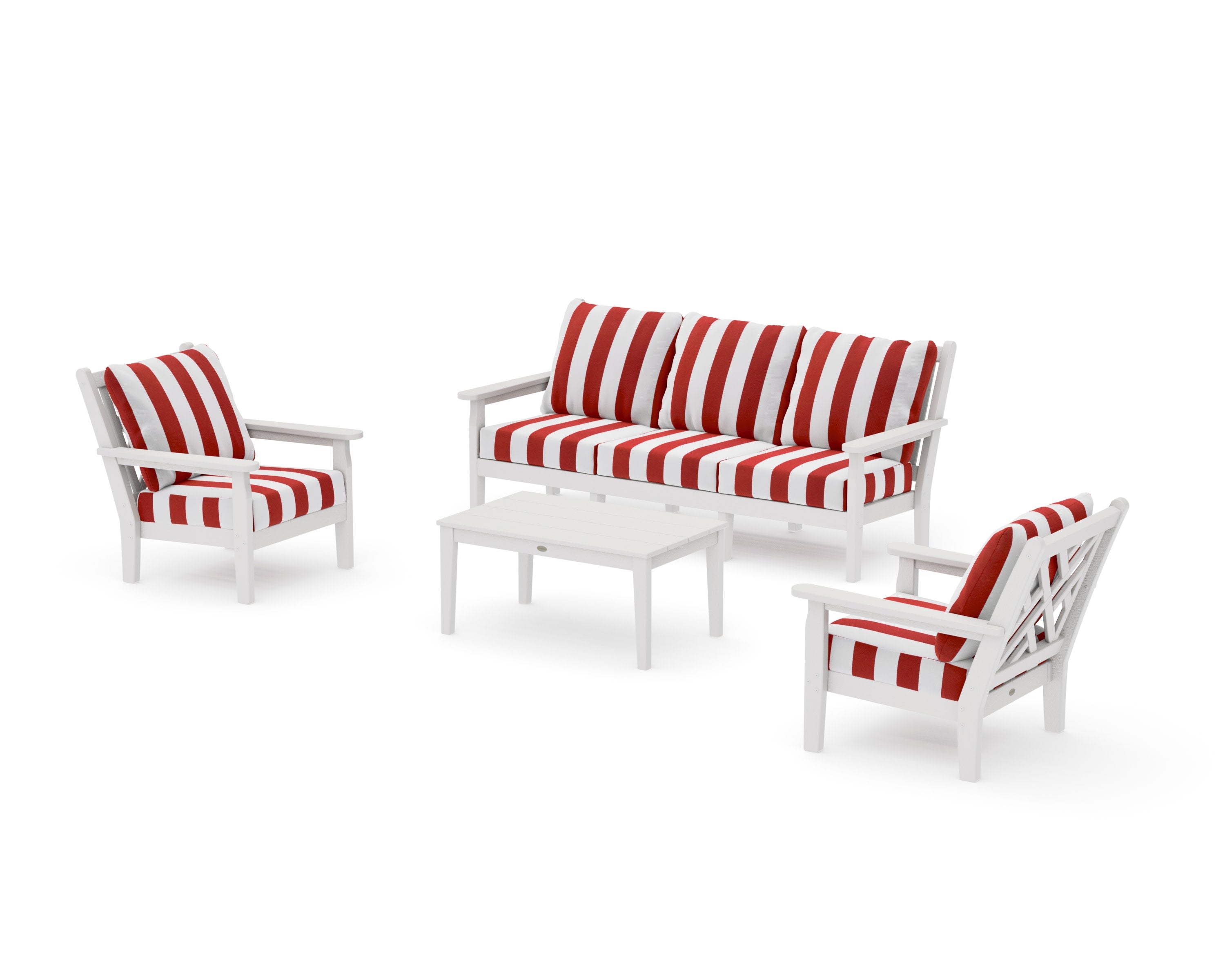 Chippendale 4-Piece Deep Seating Set with Sofa in Vintage White / Cabana Stripe Crimson