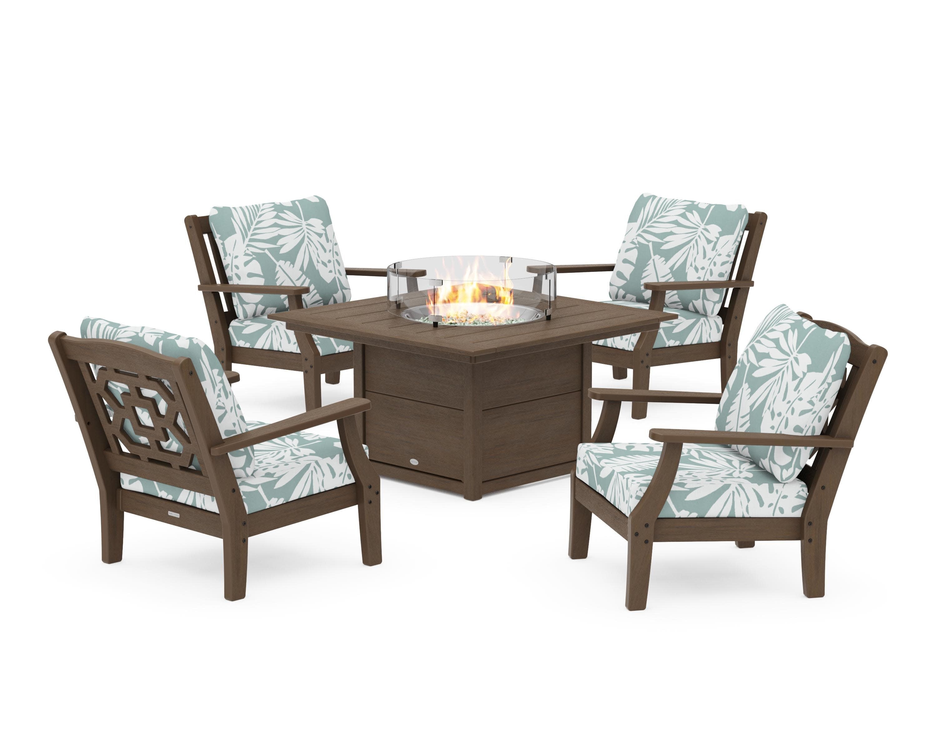 Chinoiserie 5-Piece Deep Seating Set with Fire Pit Table in Kona / Leaf Glacier Spa