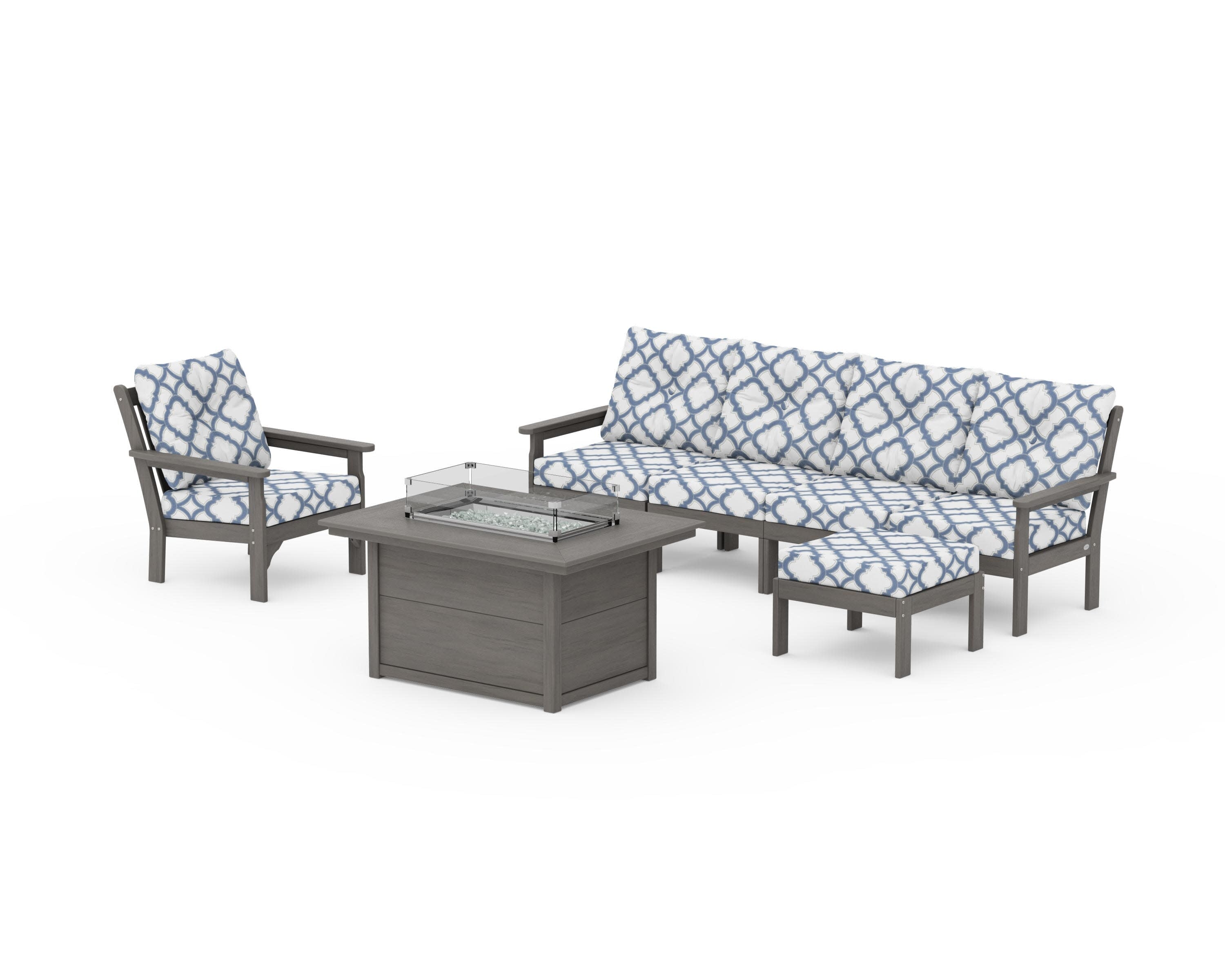 Vineyard Sectional Lounge and Fire Pit Set in Driftwood / Trellis Sky Blue