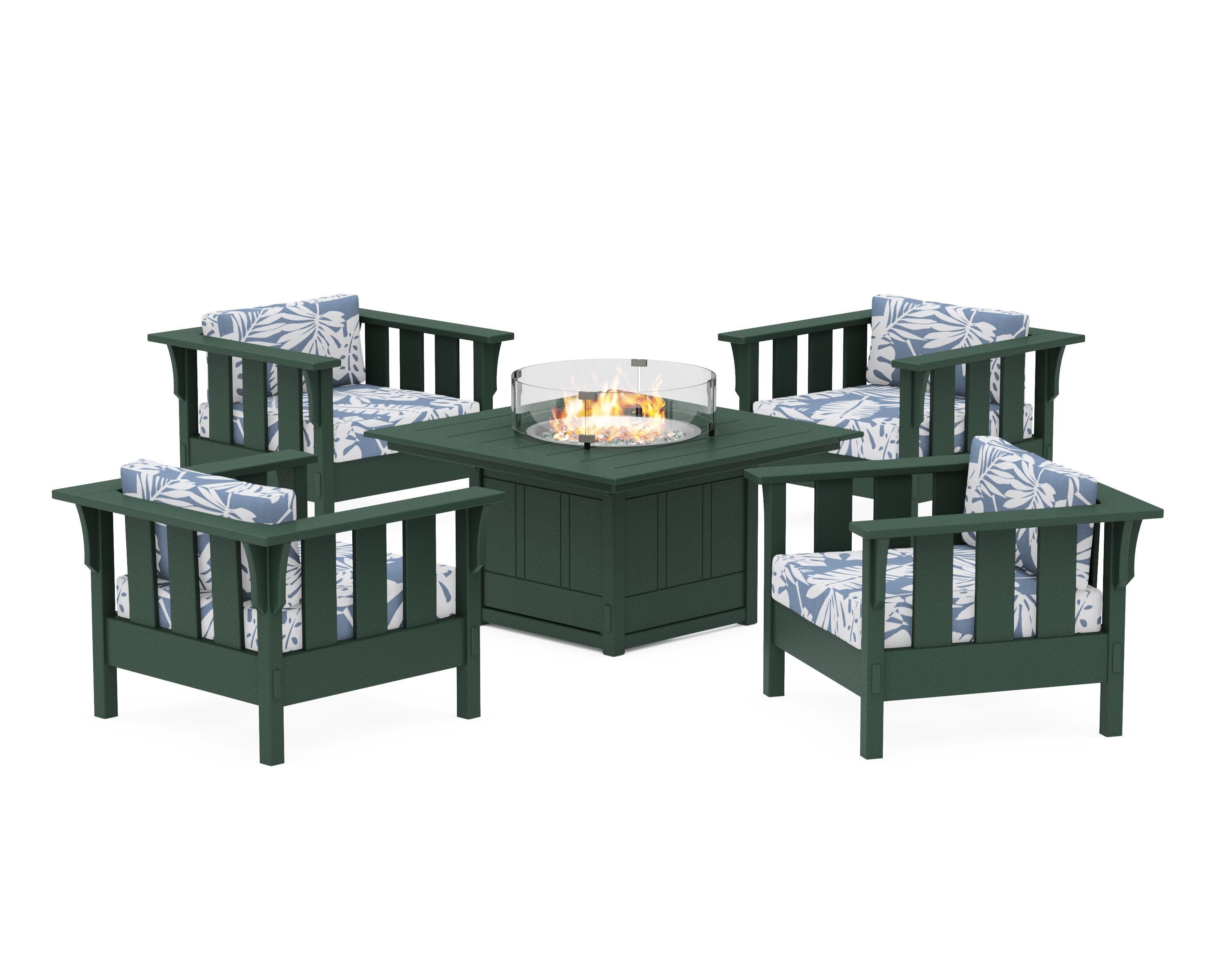 Acadia 5-Piece Deep Seating Set with Fire Pit Table in Green / Leaf Sky Blue
