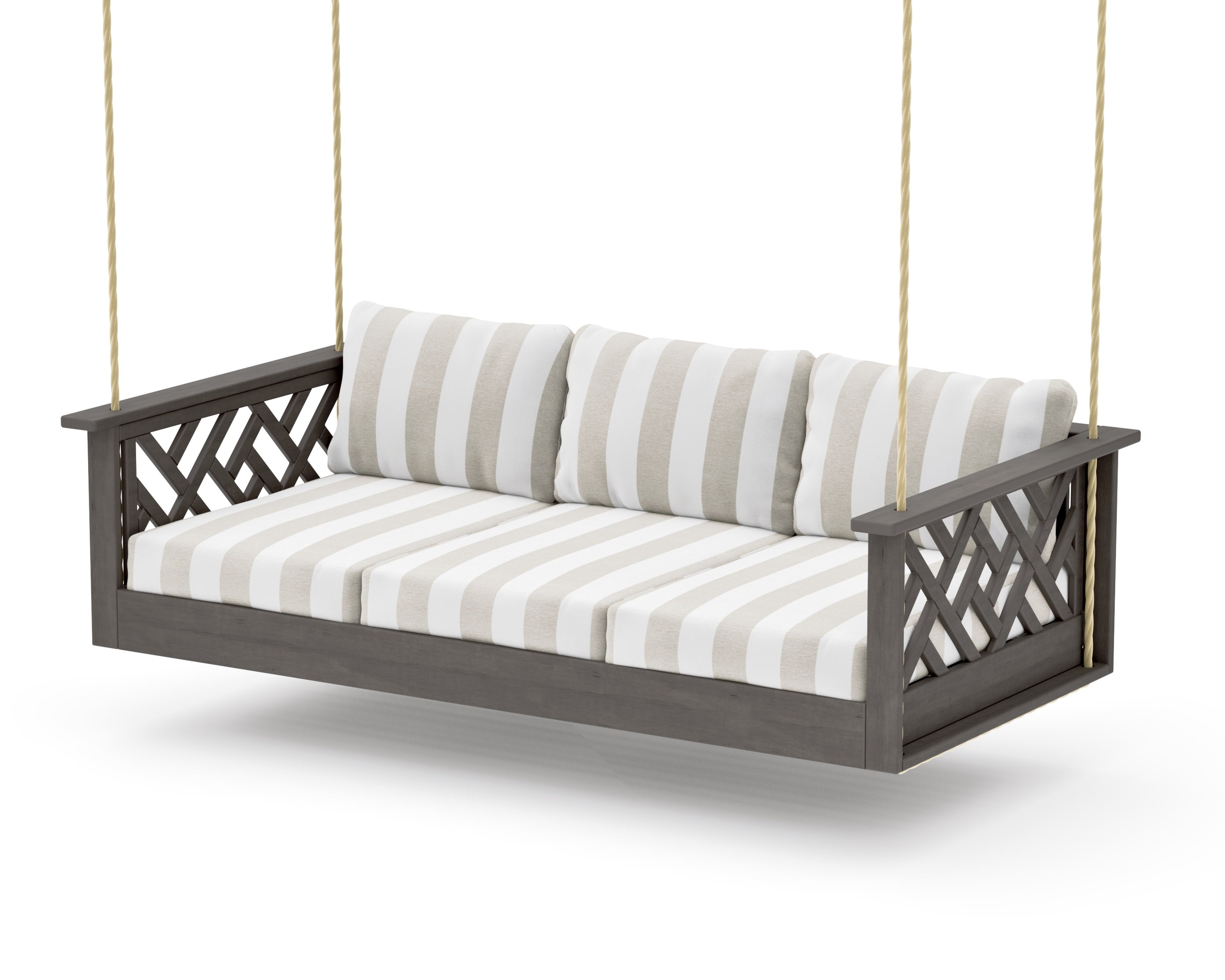 Chippendale Daybed Swing in Driftwood / Cabana Stripe Dune Burlap
