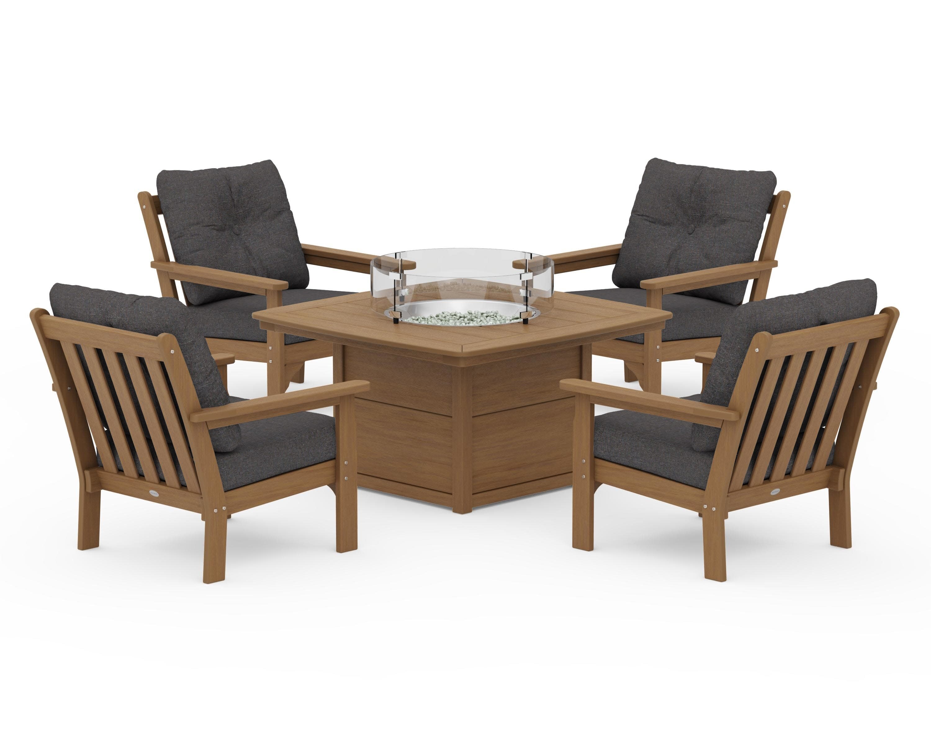 Vineyard 5-Piece Conversation Set with Fire Pit Table in Natural / Ash Charcoal