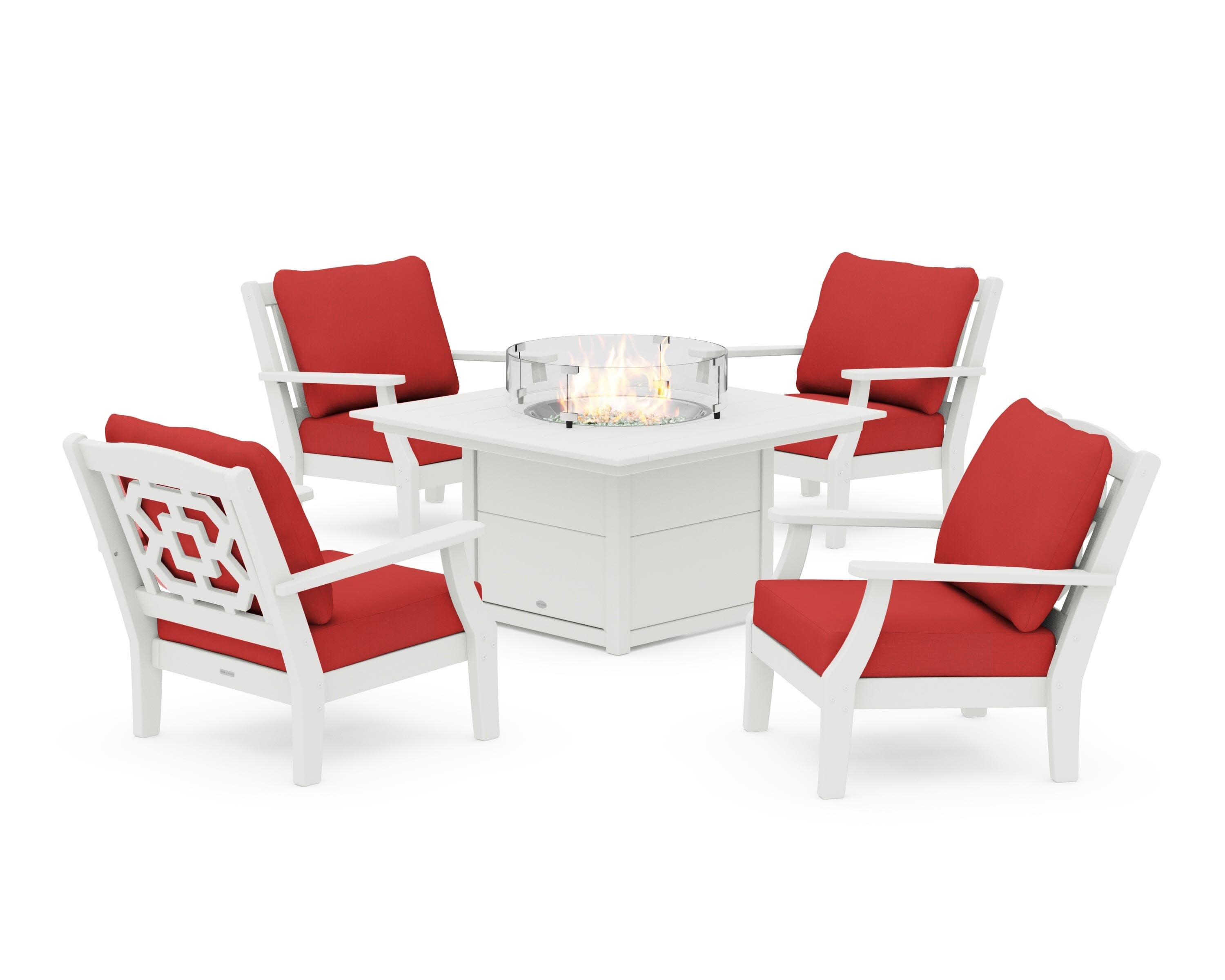 Chinoiserie 5-Piece Deep Seating Set with Fire Pit Table in Vintage White / Crimson Linen