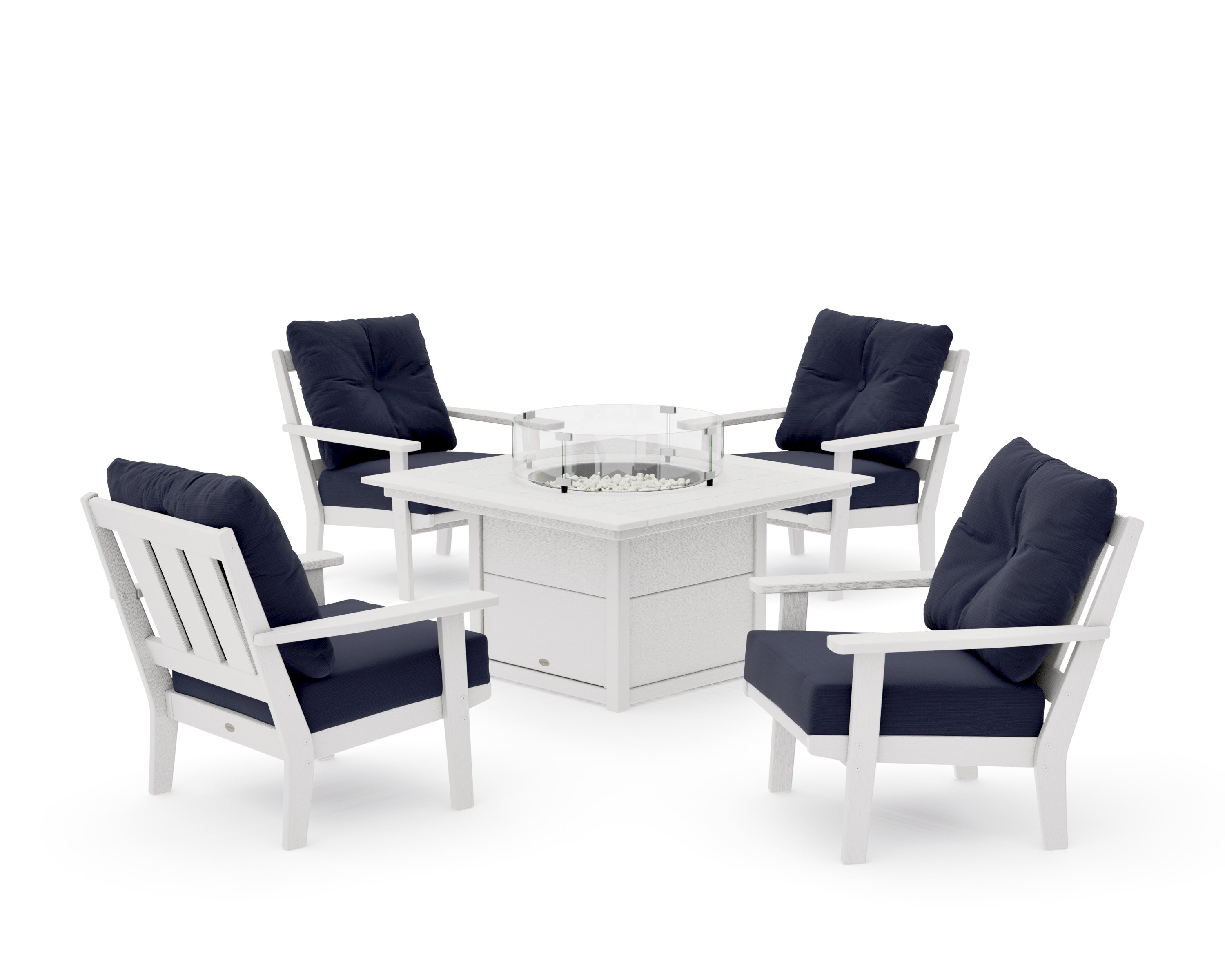 Oxford 5-Piece Deep Seating Set with Fire Pit Table in Vintage White / Navy Linen
