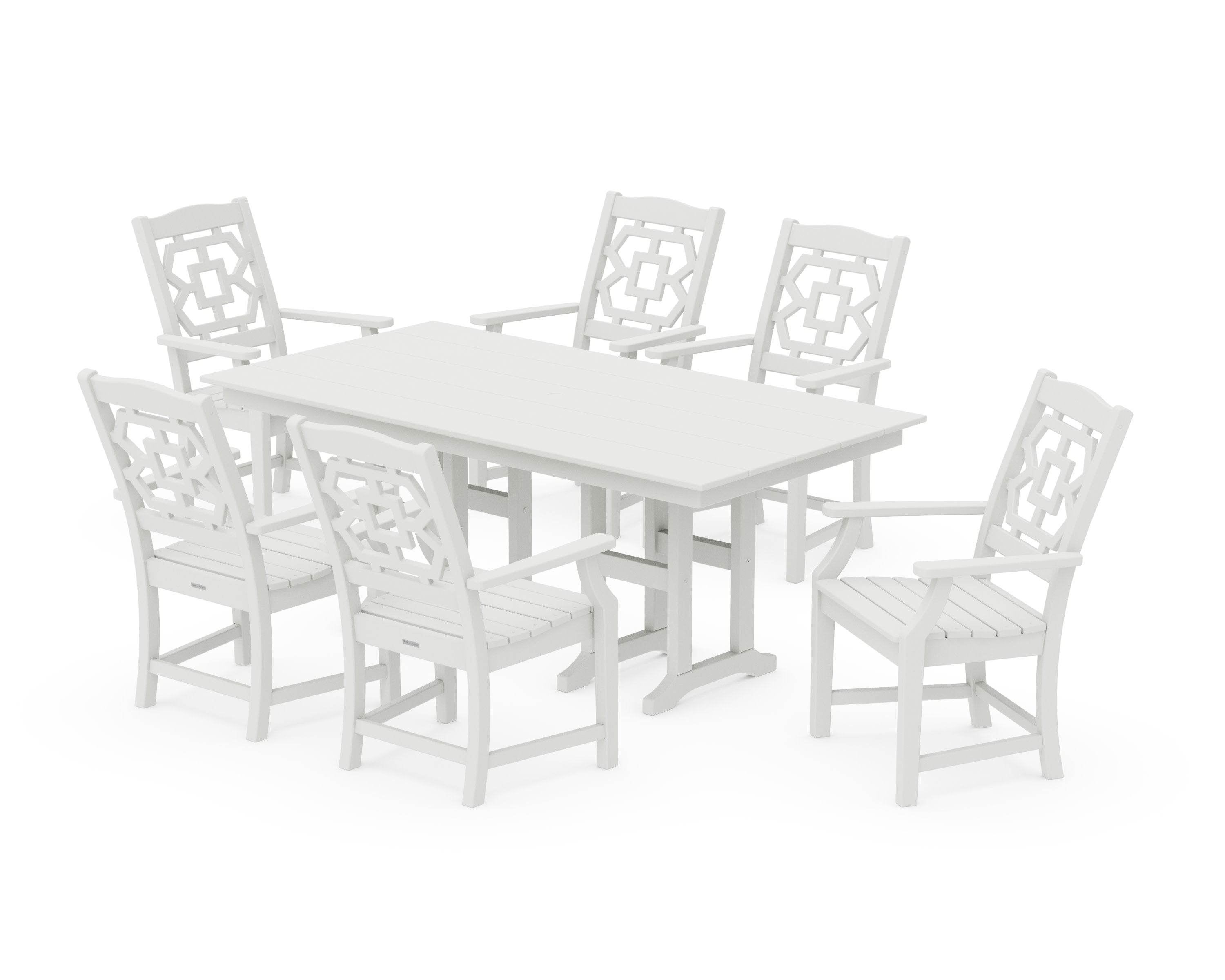 Chinoiserie Arm Chair 7-Piece Farmhouse Dining Set in Vintage White