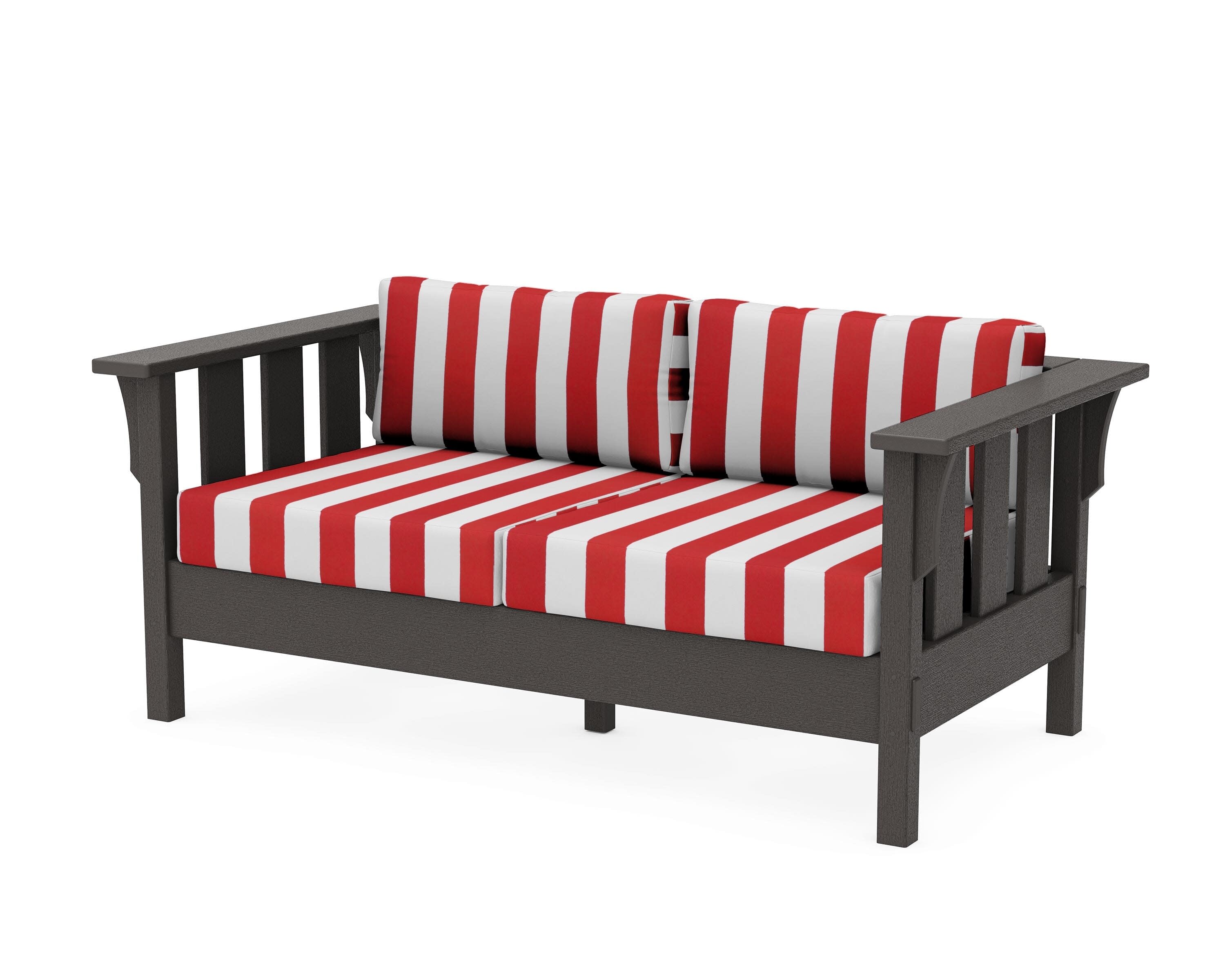 Acadia Deep Seating Loveseat in Vintage Coffee / Cabana Stripe Crimson