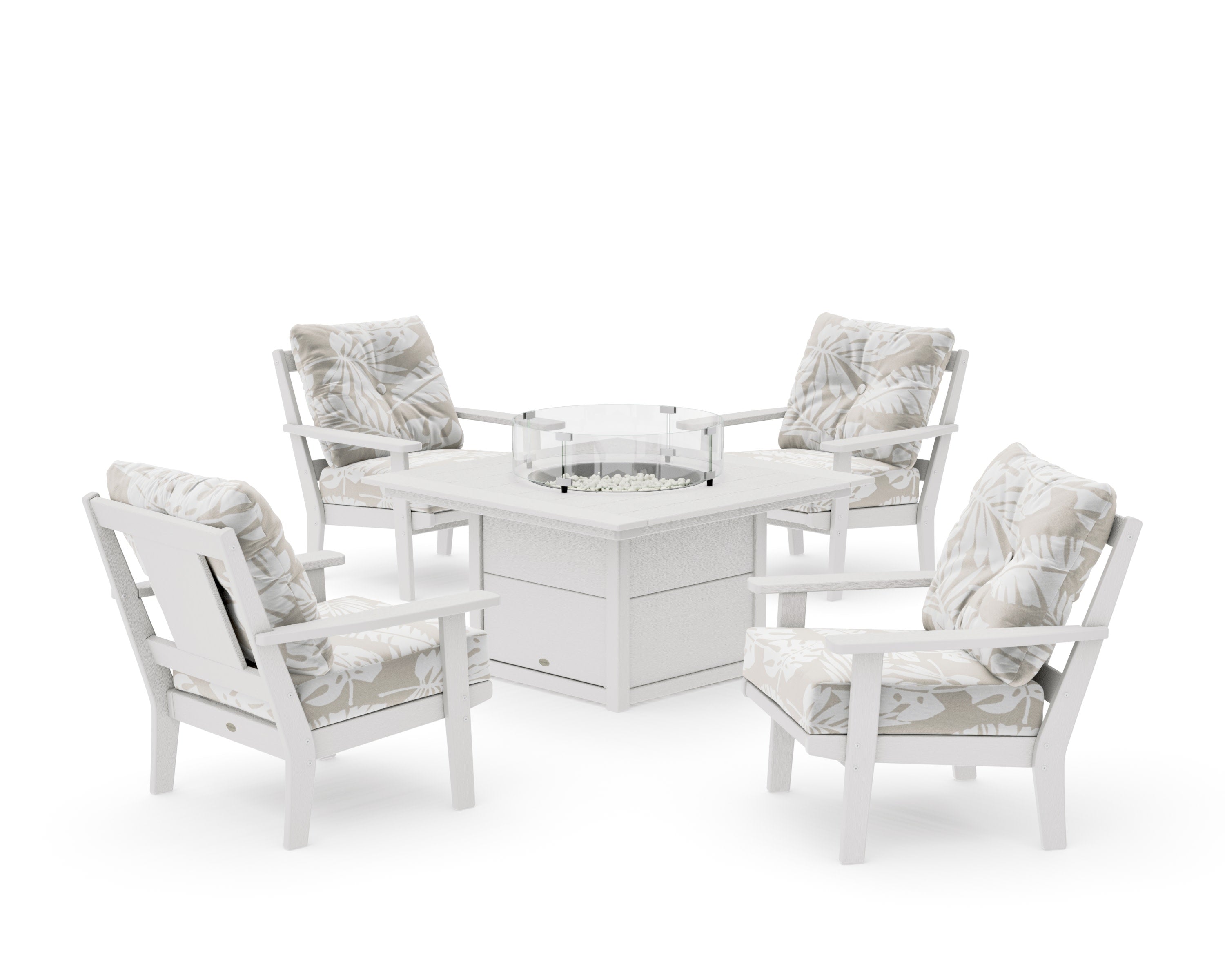 Prairie 5-Piece Deep Seating Set with Fire Pit Table in Vintage White / Leaf Dune Burlap
