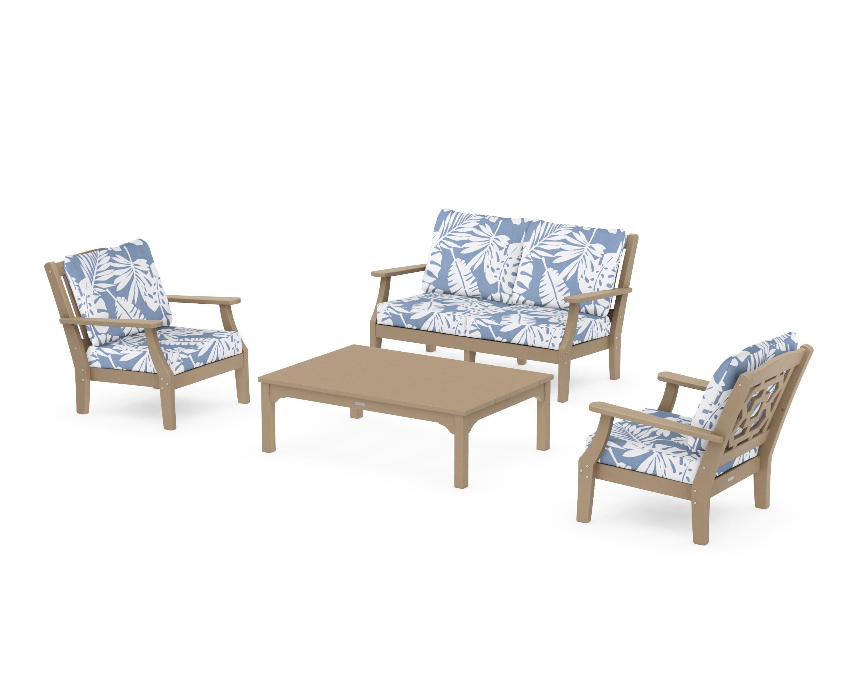 Chinoiserie 4-Piece Deep Seating Set with Loveseat in Vintage Sahara / Leaf Sky Blue