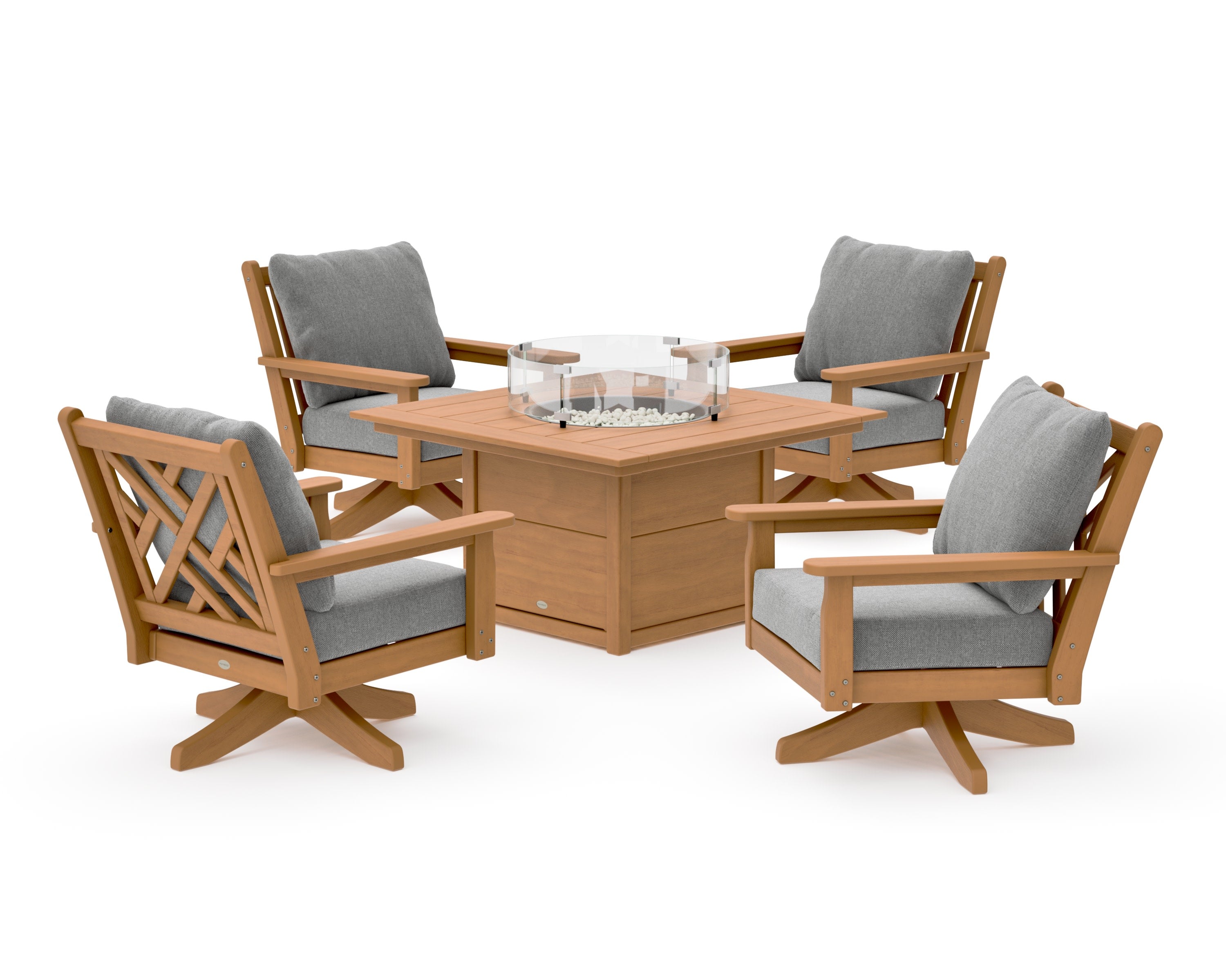Chippendale 5-Piece Deep Seating Swivel Conversation Set with Fire Pit Table in Natural / Grey Mist