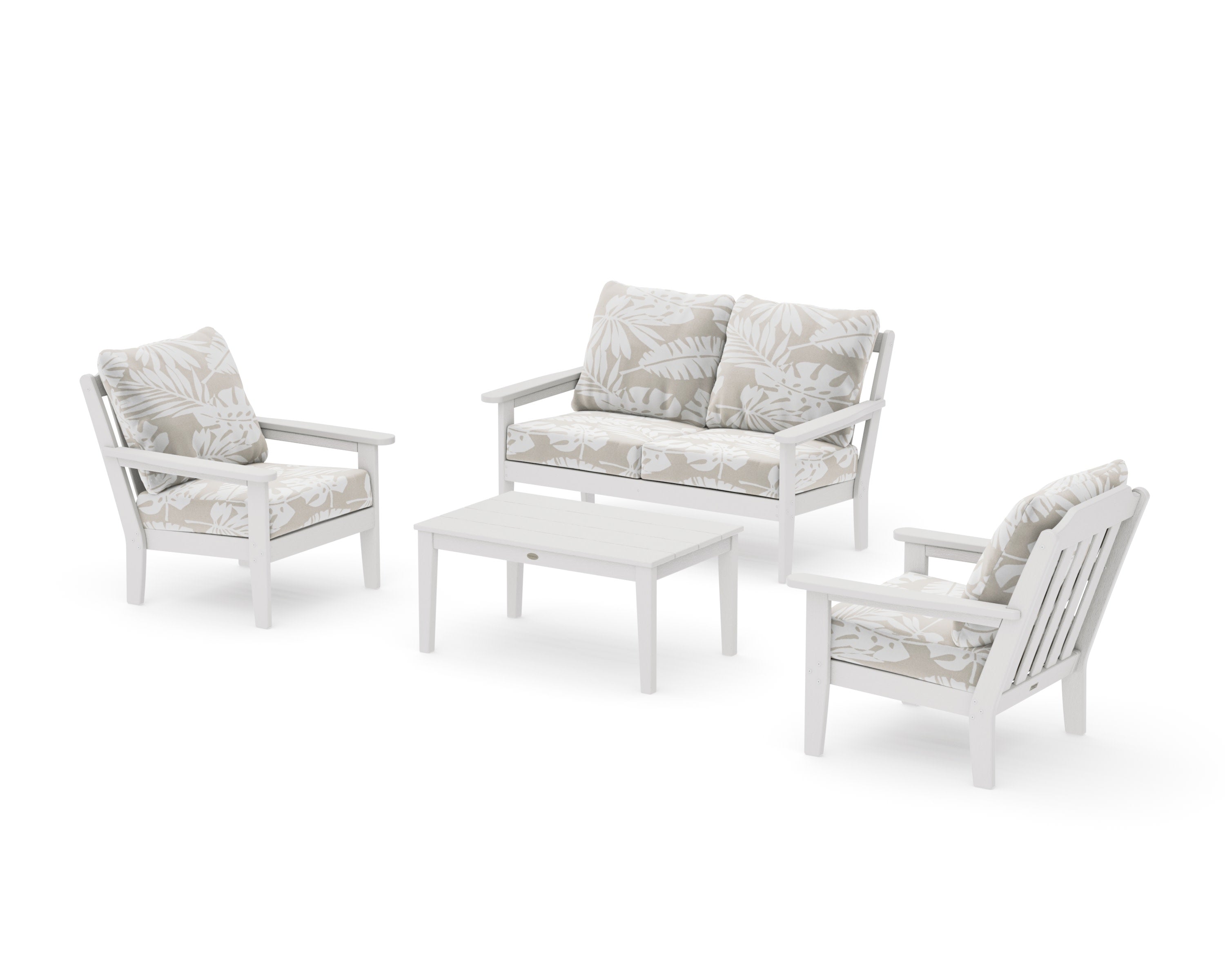 Cottage 4-Piece Deep Seating Set with Loveseat in Vintage White / Leaf Dune Burlap