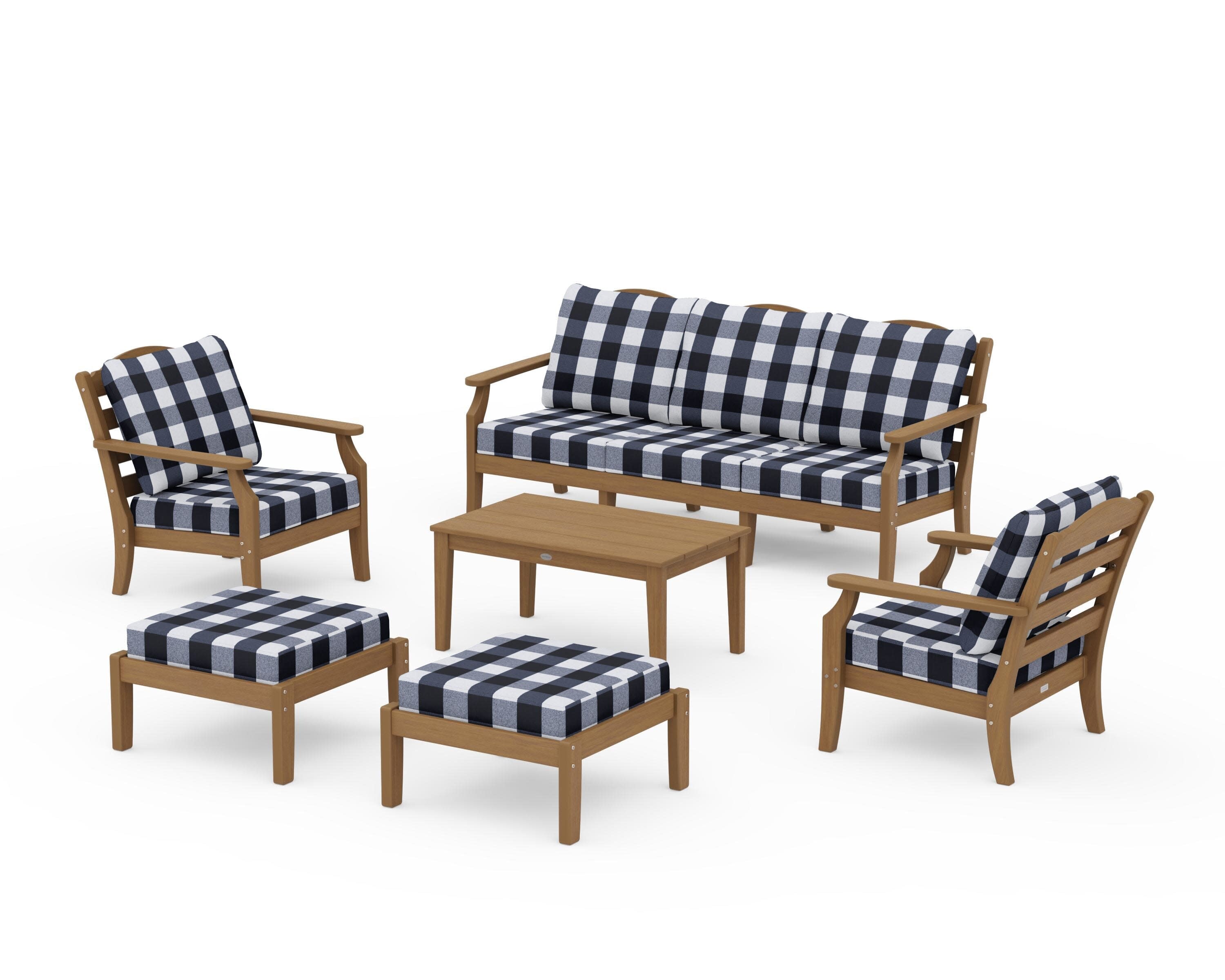 Savannah 6-Piece Lounge Sofa Set in Natural / Buffalo Plaid Marine Indigo