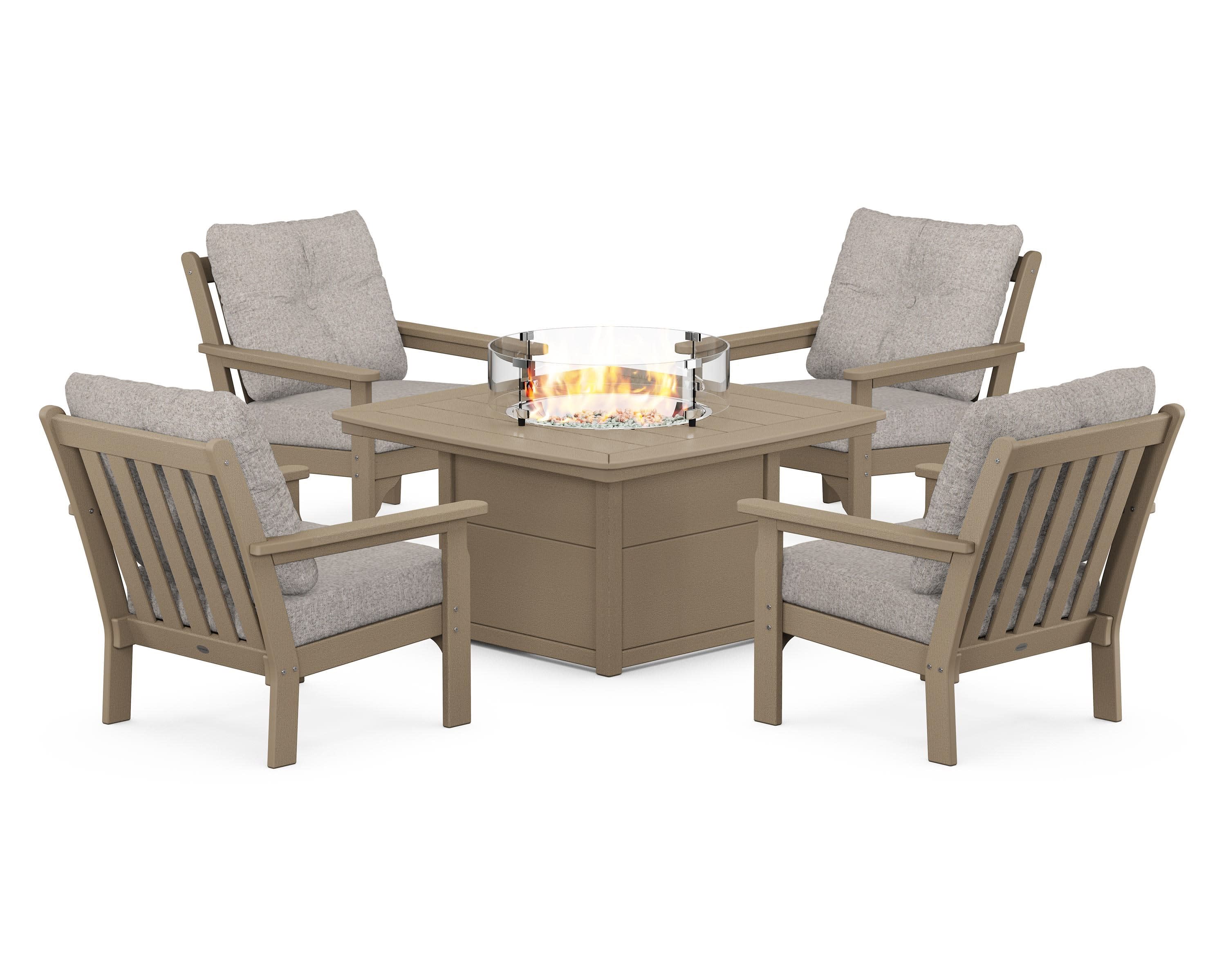 Vineyard 5-Piece Conversation Set with Fire Pit Table in Vintage Sahara / Weathered Tweed