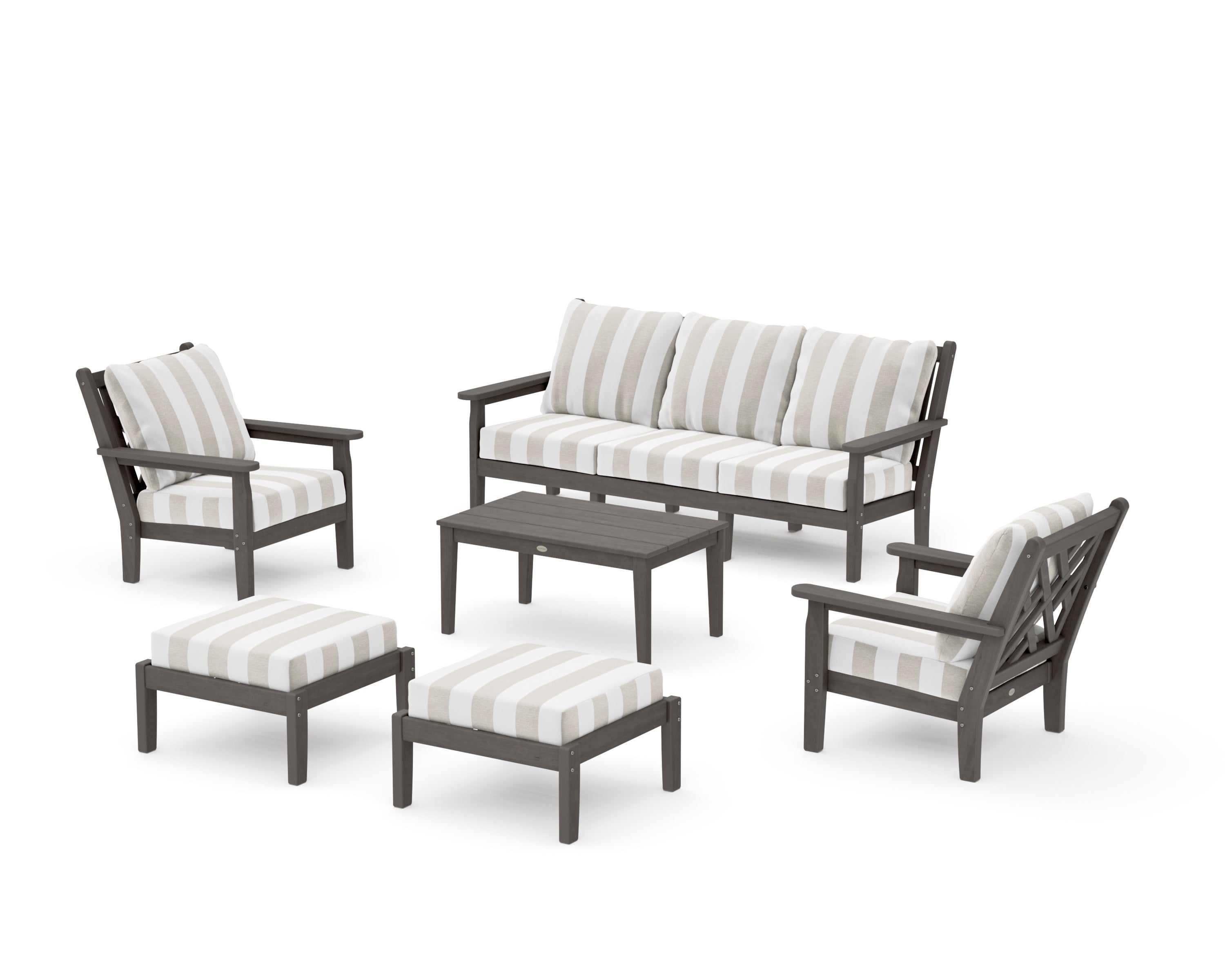 Chippendale 6-Piece Lounge Sofa Set in Driftwood / Cabana Stripe Dune Burlap