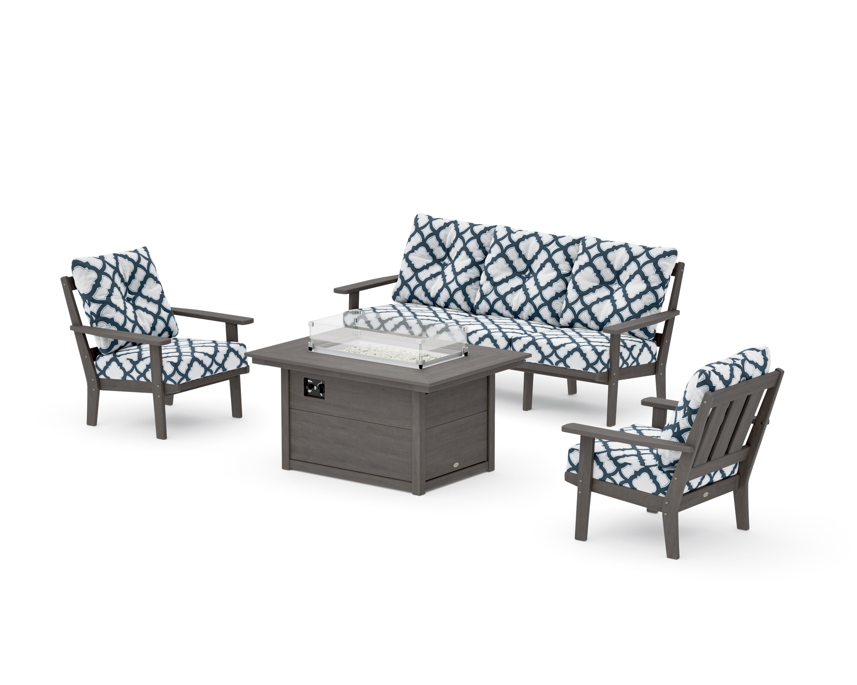 Oxford Deep Seating Fire Pit Table Set in Driftwood / Trellis Marine Indigo
