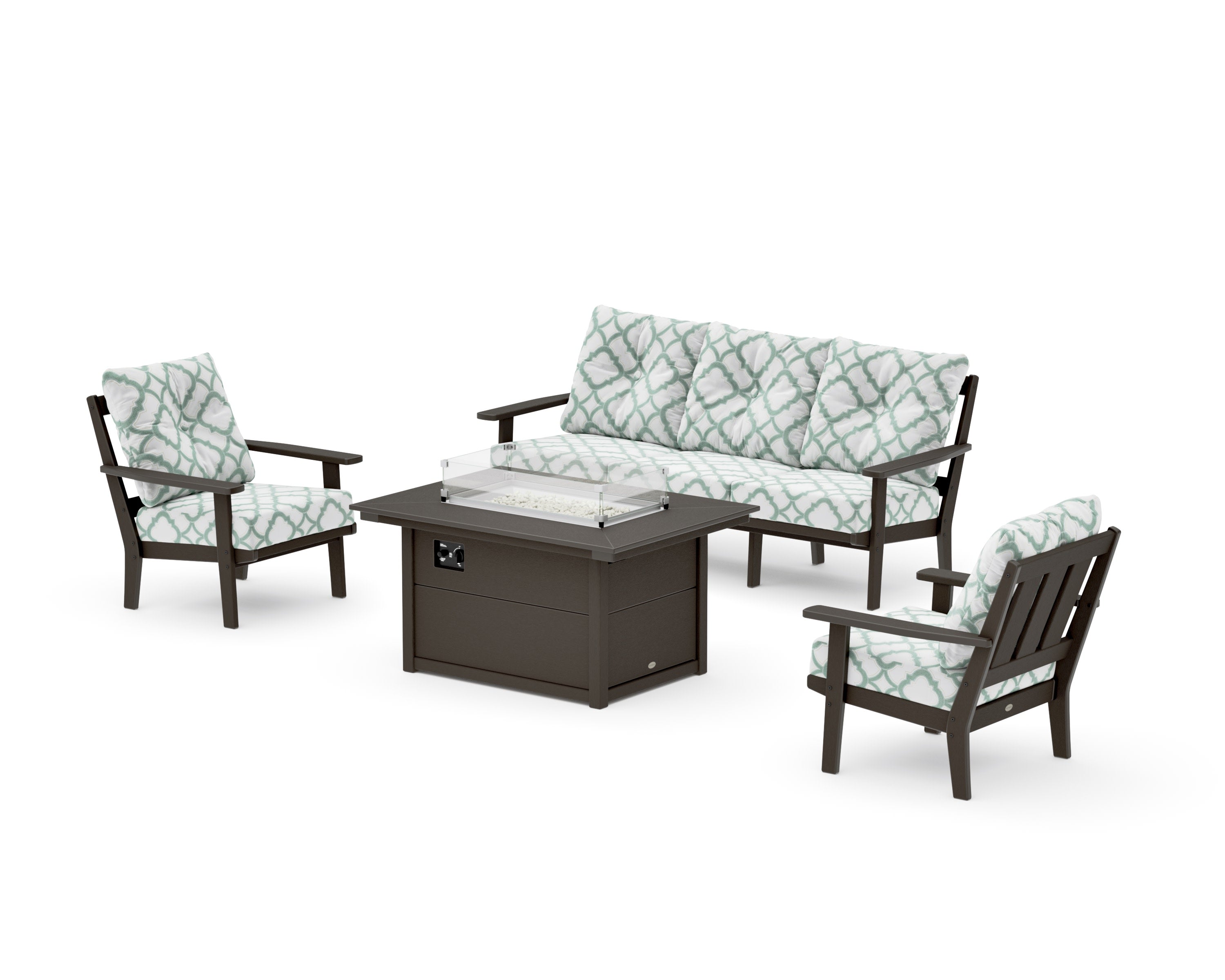 Oxford Deep Seating Fire Pit Table Set in Vintage Coffee / Trellis Glacier Spa