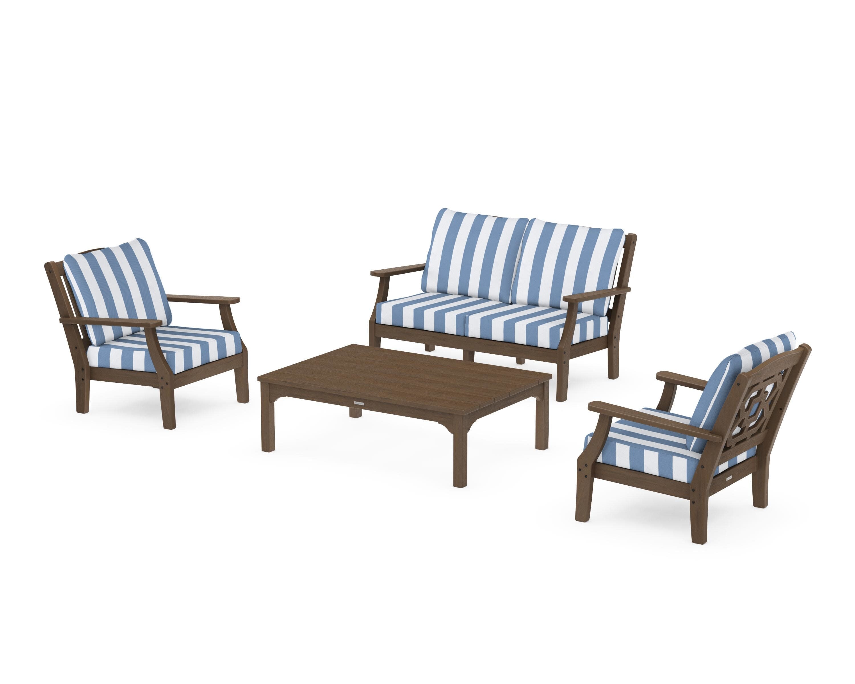 Chinoiserie 4-Piece Deep Seating Set with Loveseat in Kona / Cabana Stripe Sky Blue