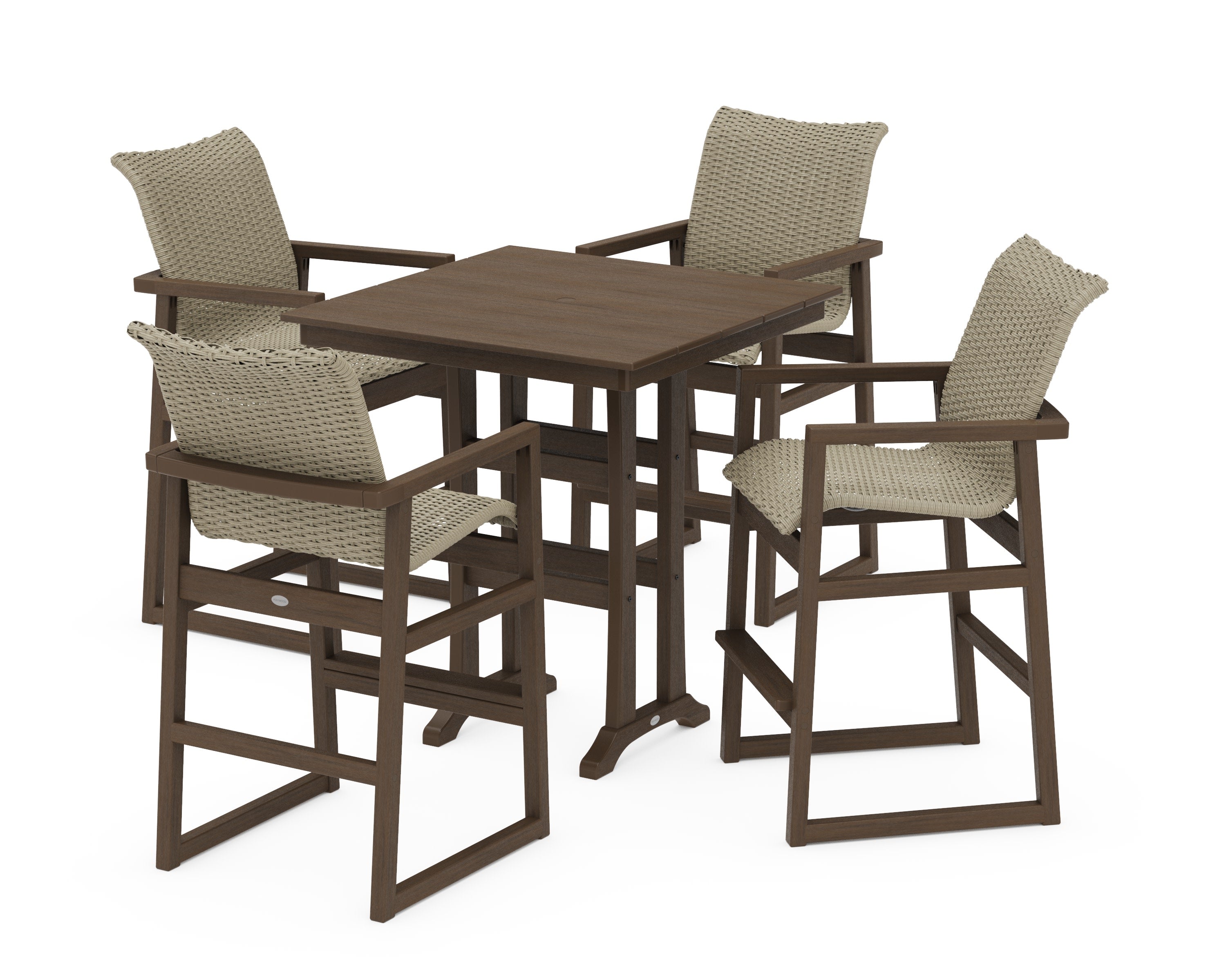 EDGE Woven 5-Piece Farmhouse Bar Set with Trestle Legs in Kona / Dune Grass