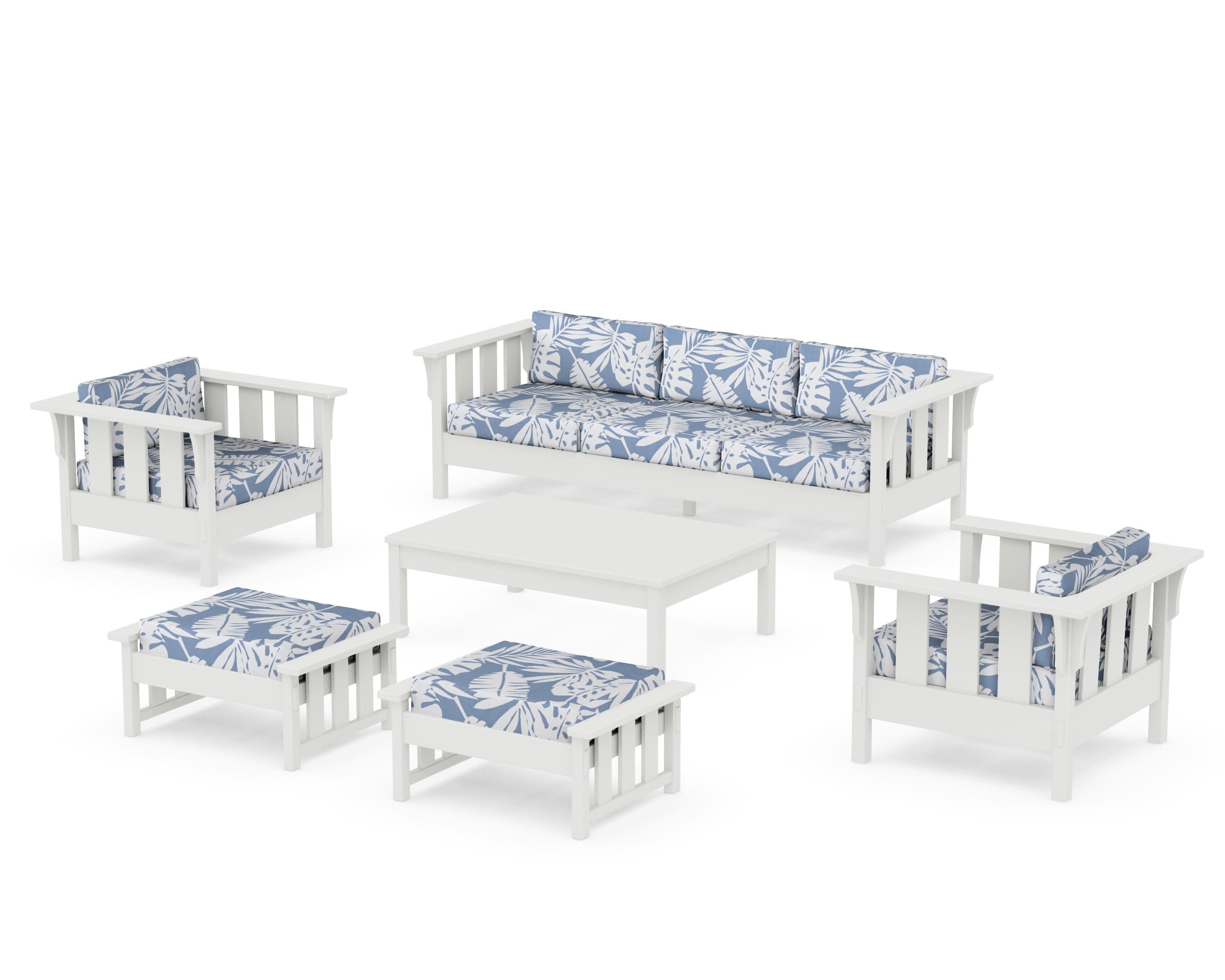 Acadia 6-Piece Lounge Sofa Set in Vintage White / Leaf Sky Blue