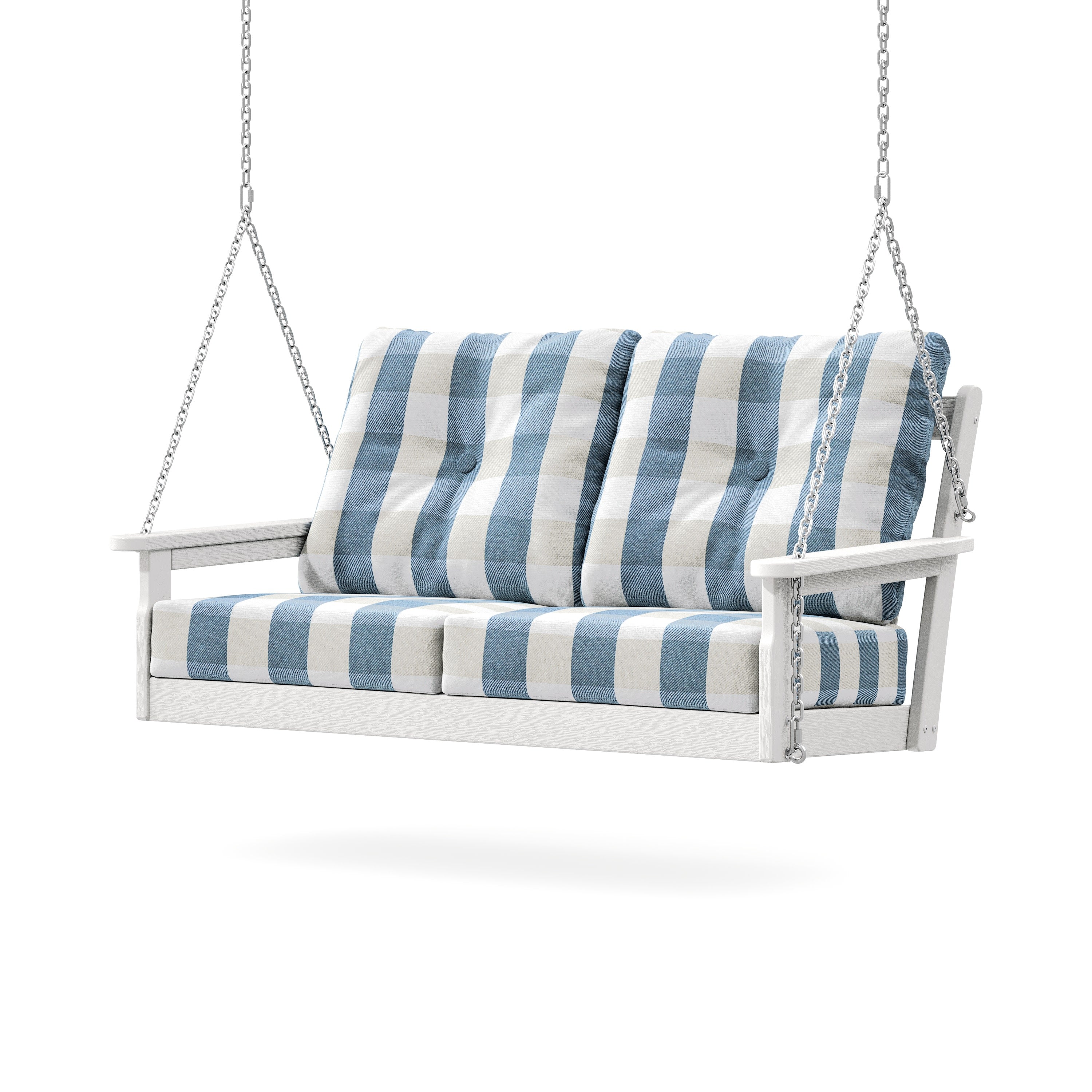 Vineyard Deep Seating Swing in Vintage White / Buffalo Plaid Sky Blue