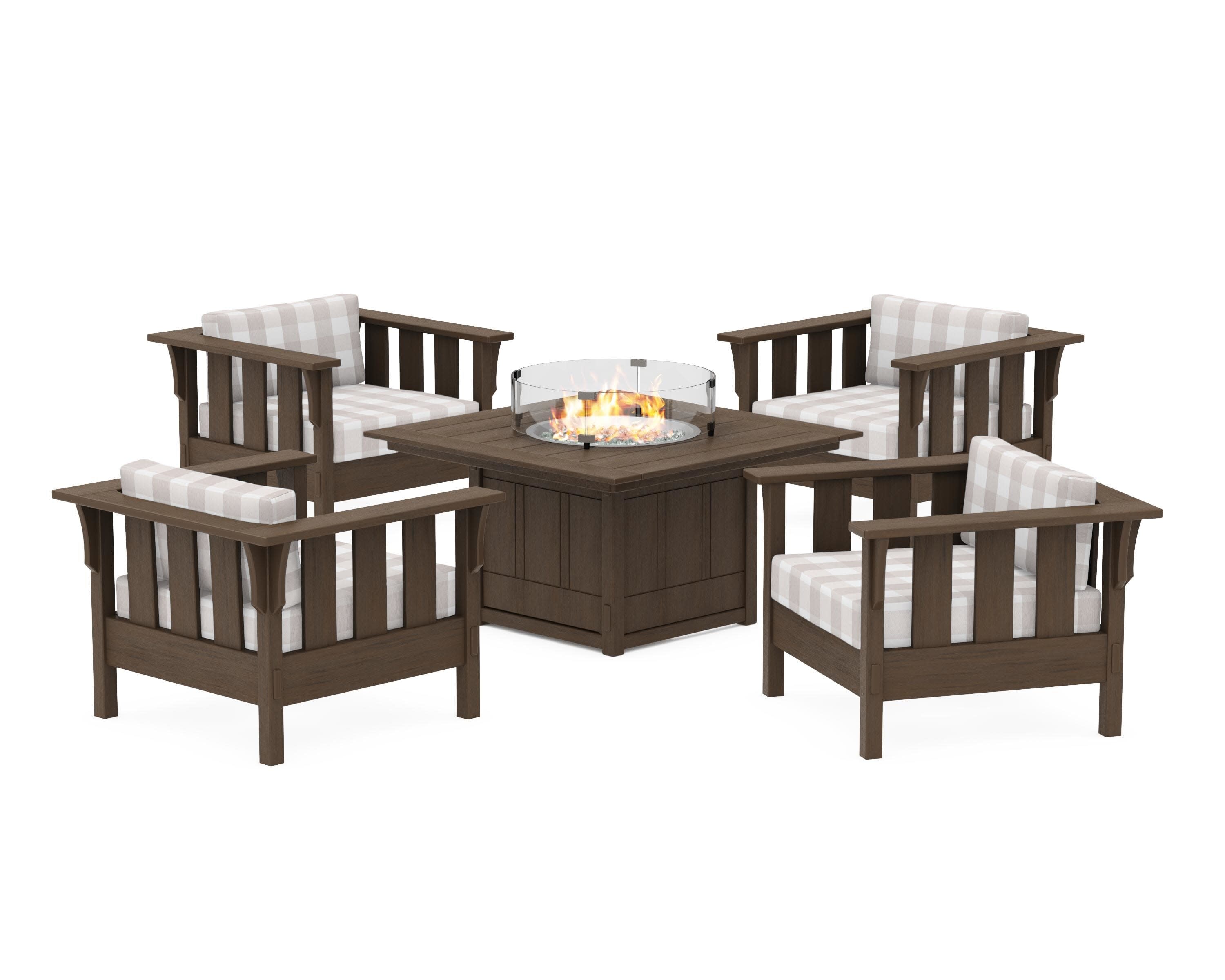 Acadia 5-Piece Deep Seating Set with Fire Pit Table in Kona / Buffalo Plaid Dune Burlap