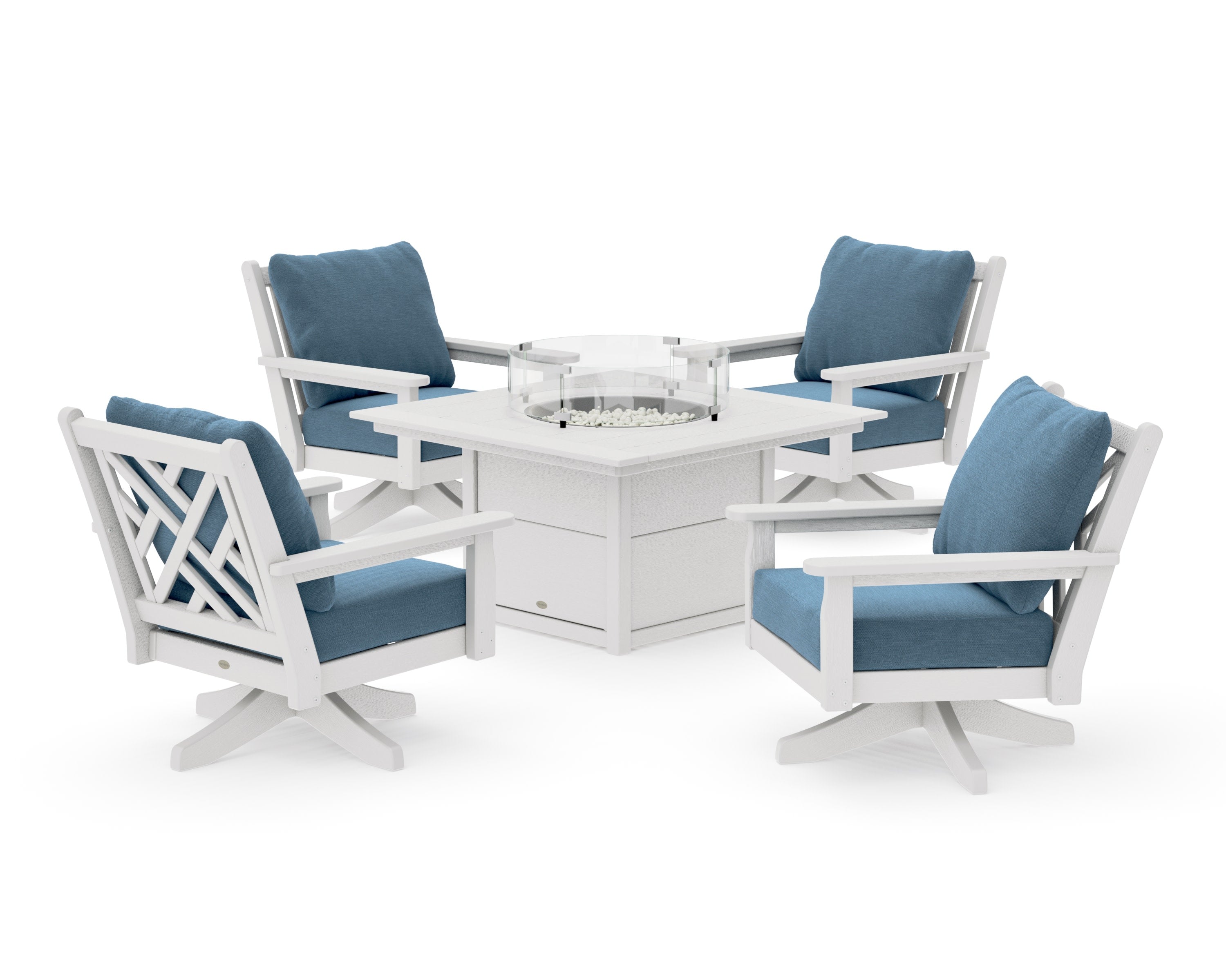 Chippendale 5-Piece Deep Seating Swivel Conversation Set with Fire Pit Table in Vintage White / Sky Blue