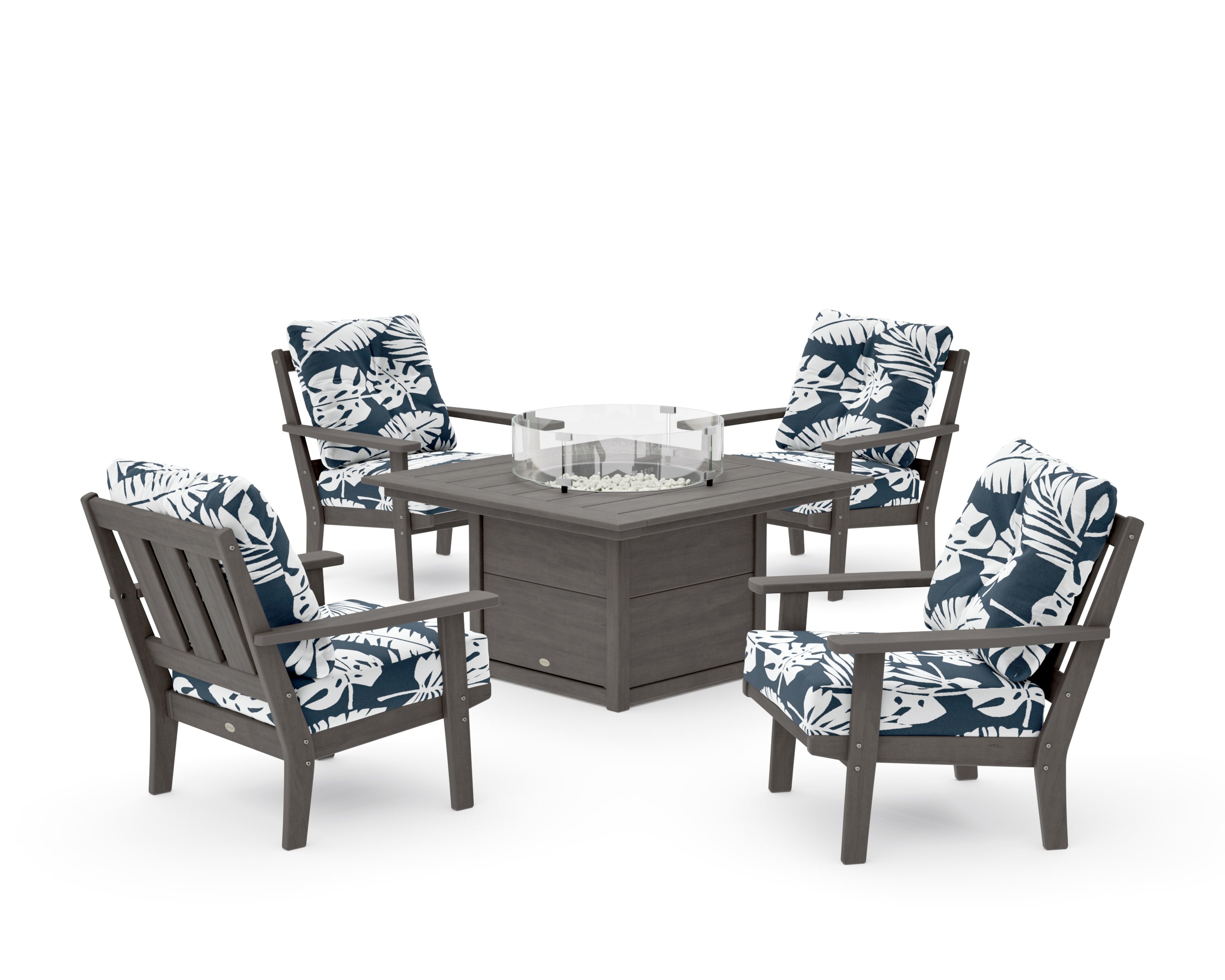 Oxford 5-Piece Deep Seating Set with Fire Pit Table in Driftwood / Leaf Marine Indigo