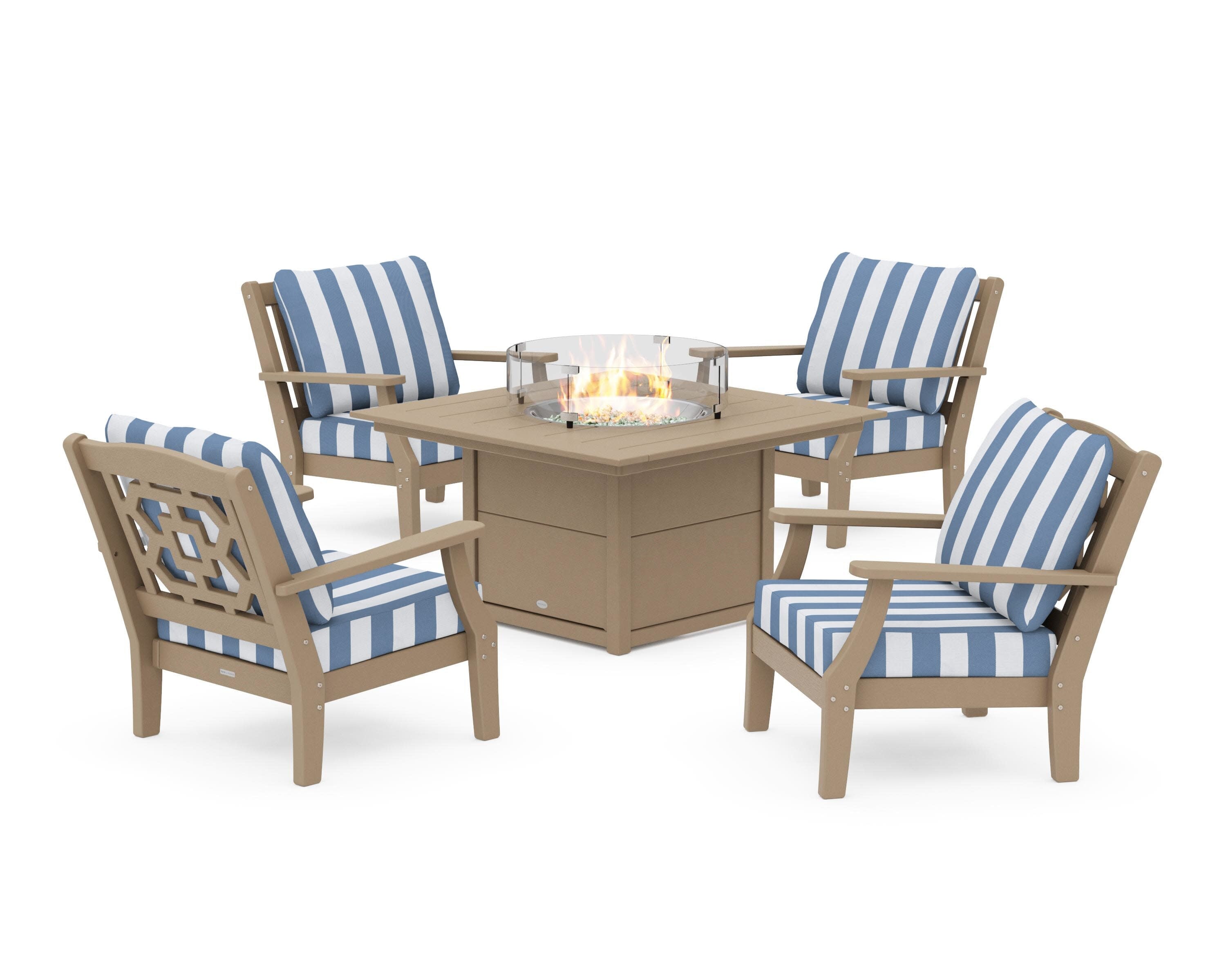 Chinoiserie 5-Piece Deep Seating Set with Fire Pit Table in Vintage Sahara / Cabana Stripe Sky Blue