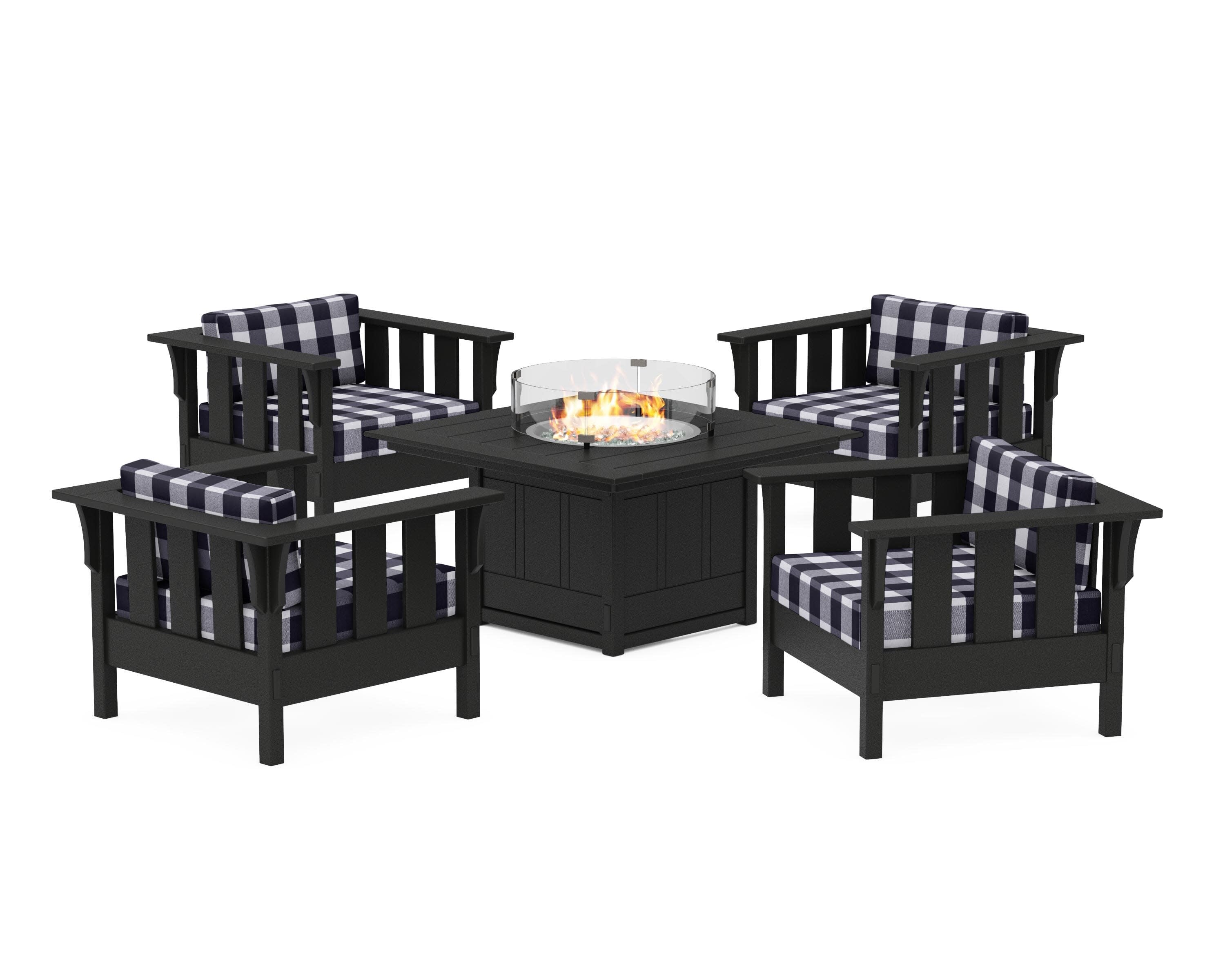 Acadia 5-Piece Deep Seating Set with Fire Pit Table in Black / Buffalo Plaid Navy