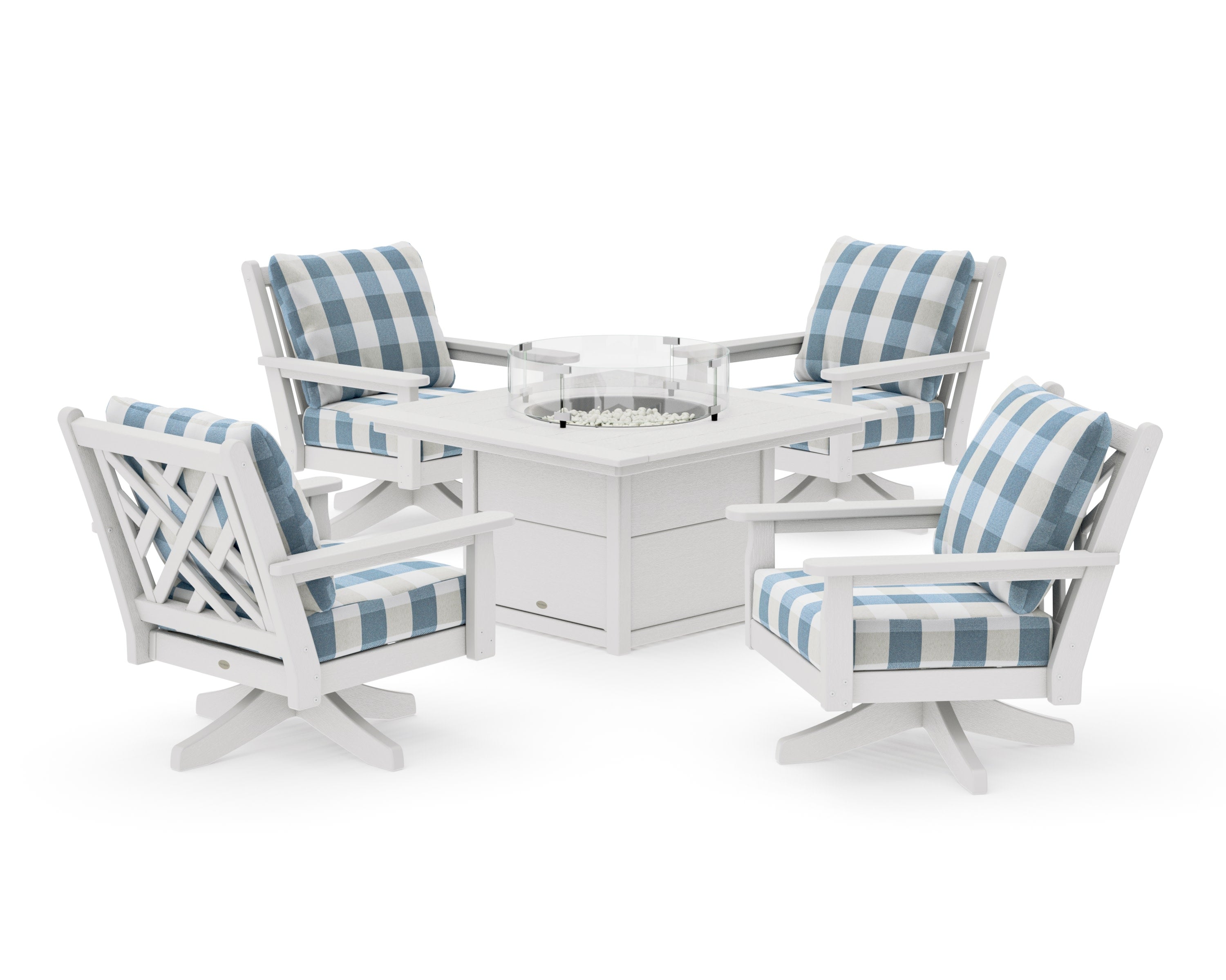 Chippendale 5-Piece Deep Seating Swivel Conversation Set with Fire Pit Table in Vintage White / Buffalo Plaid Sky Blue