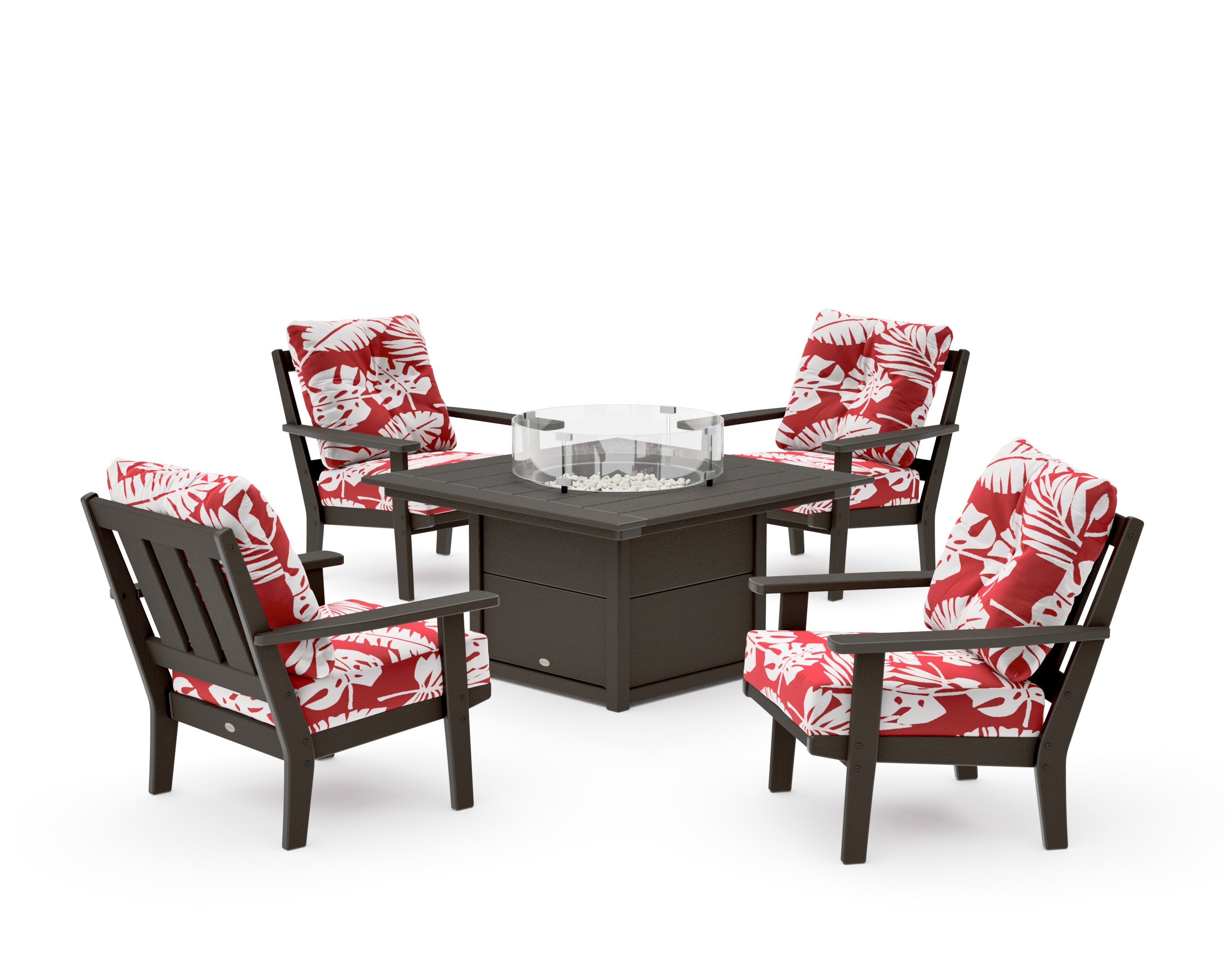 Oxford 5-Piece Deep Seating Set with Fire Pit Table in Vintage Coffee / Leaf Crimson