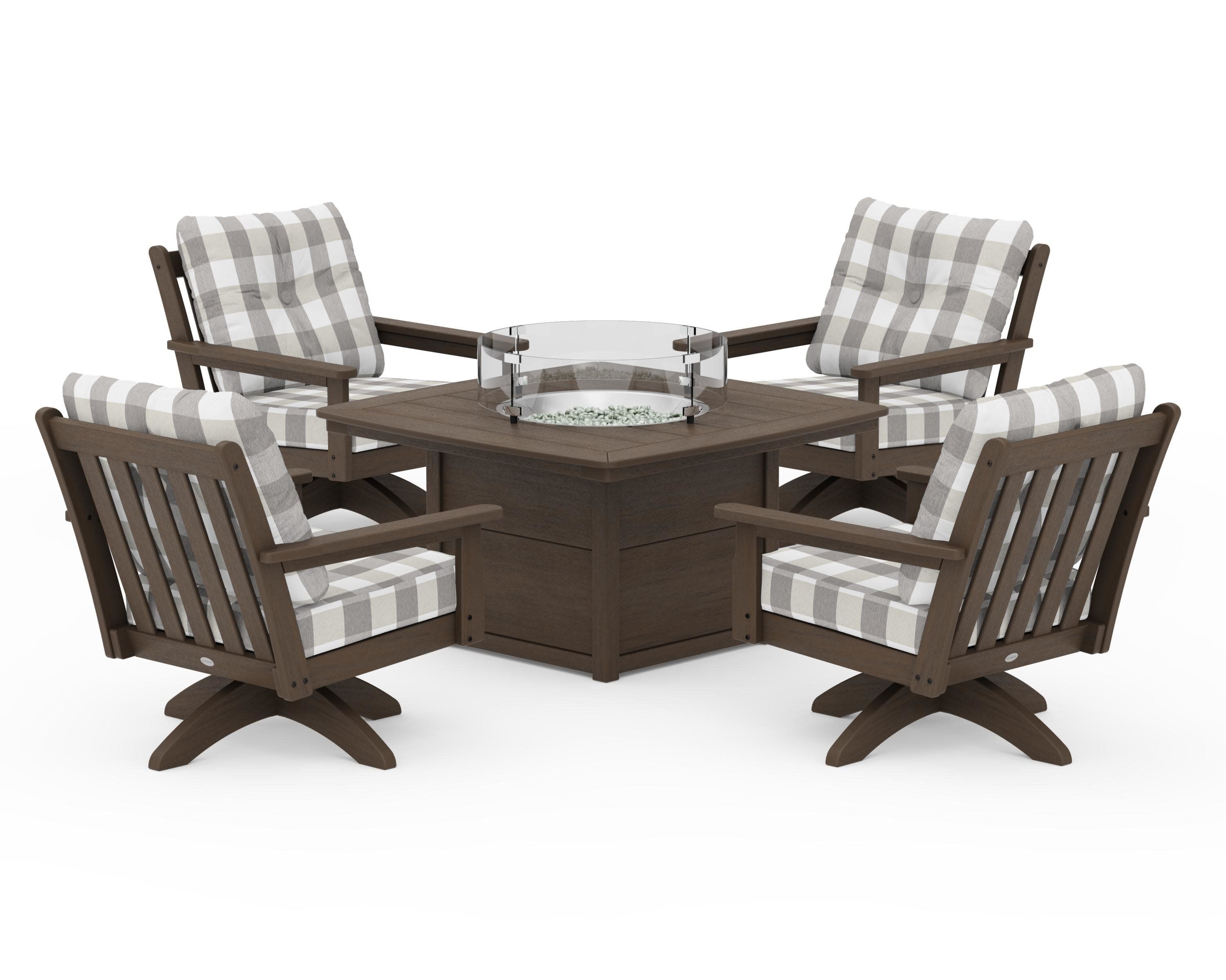 Vineyard 5-Piece Deep Seating Swivel Conversation Set with Fire Pit Table in Kona / Buffalo Plaid Grey Mist