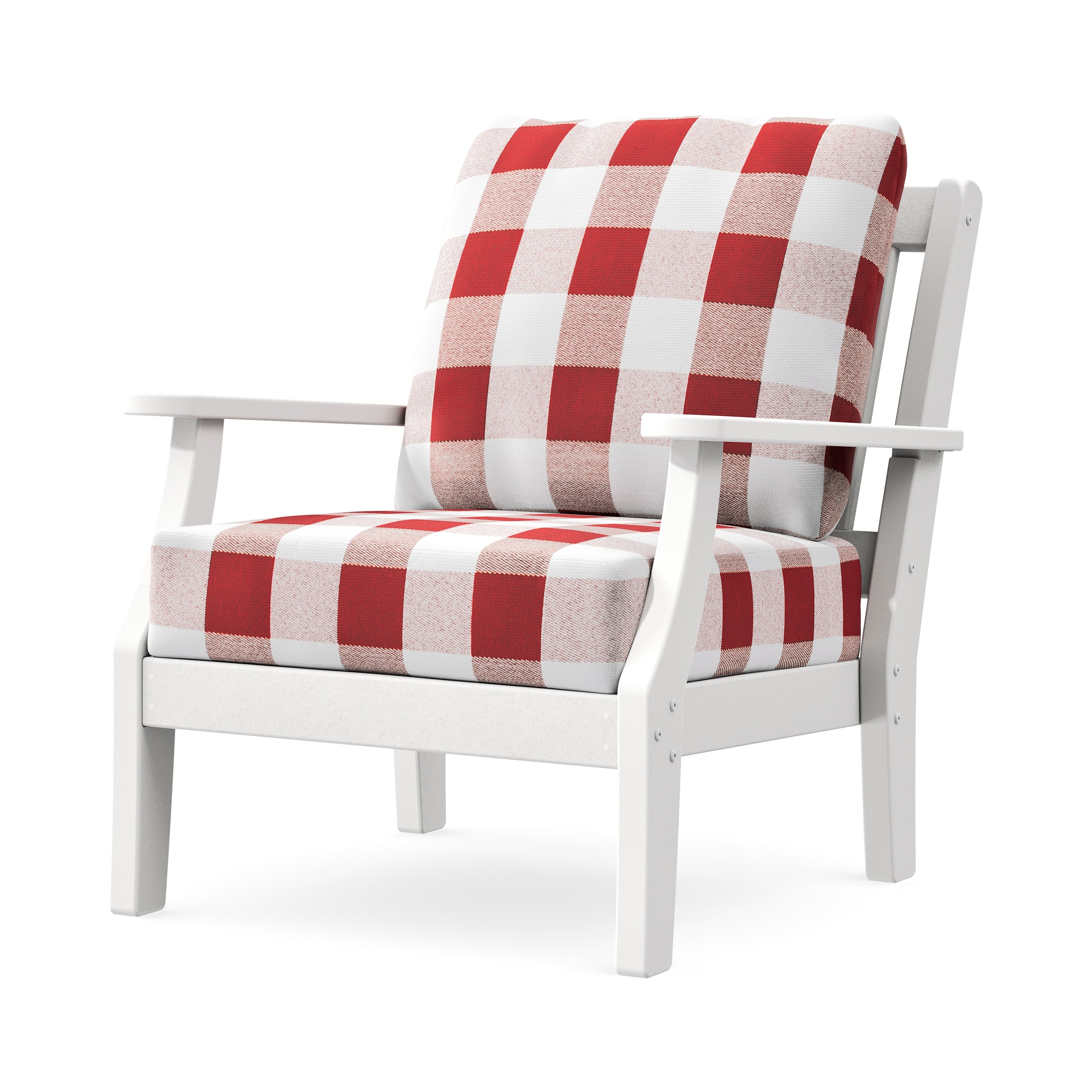 Chinoiserie Deep Seating Chair in White / Buffalo Plaid Crimson