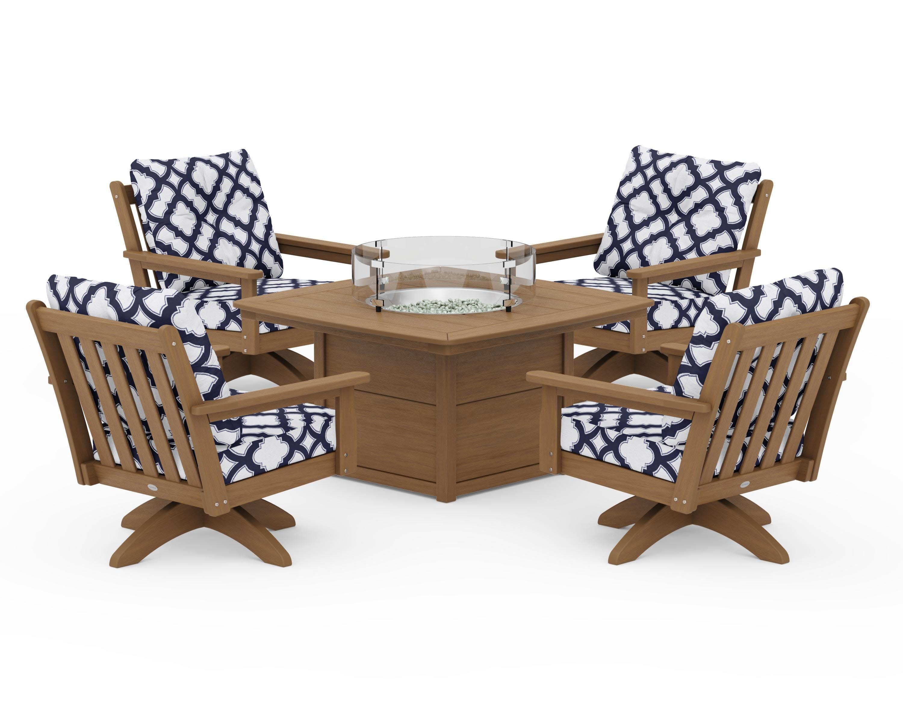 Vineyard 5-Piece Deep Seating Swivel Conversation Set with Fire Pit Table in Natural / Trellis Navy
