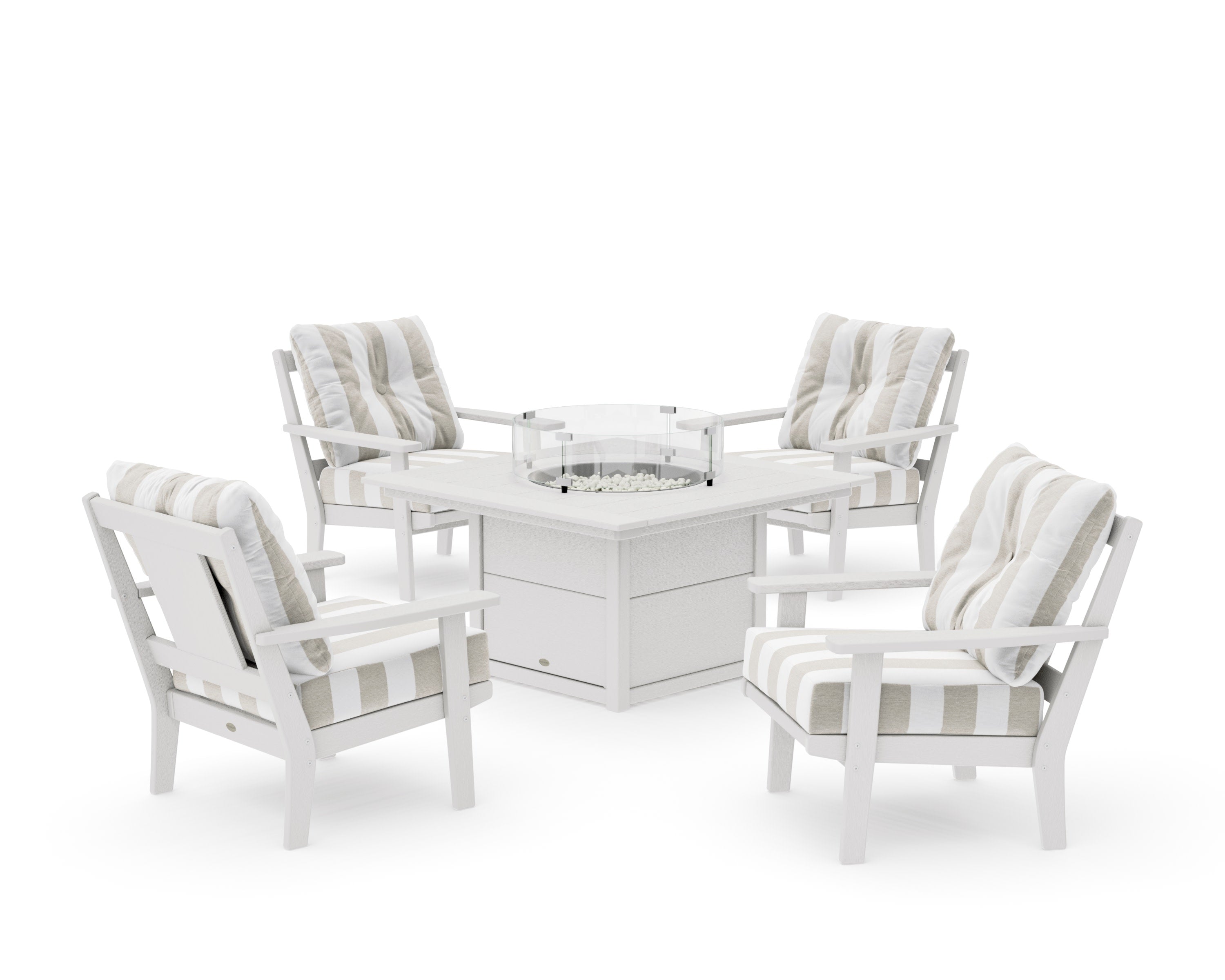 Prairie 5-Piece Deep Seating Set with Fire Pit Table in Vintage White / Cabana Stripe Dune Burlap