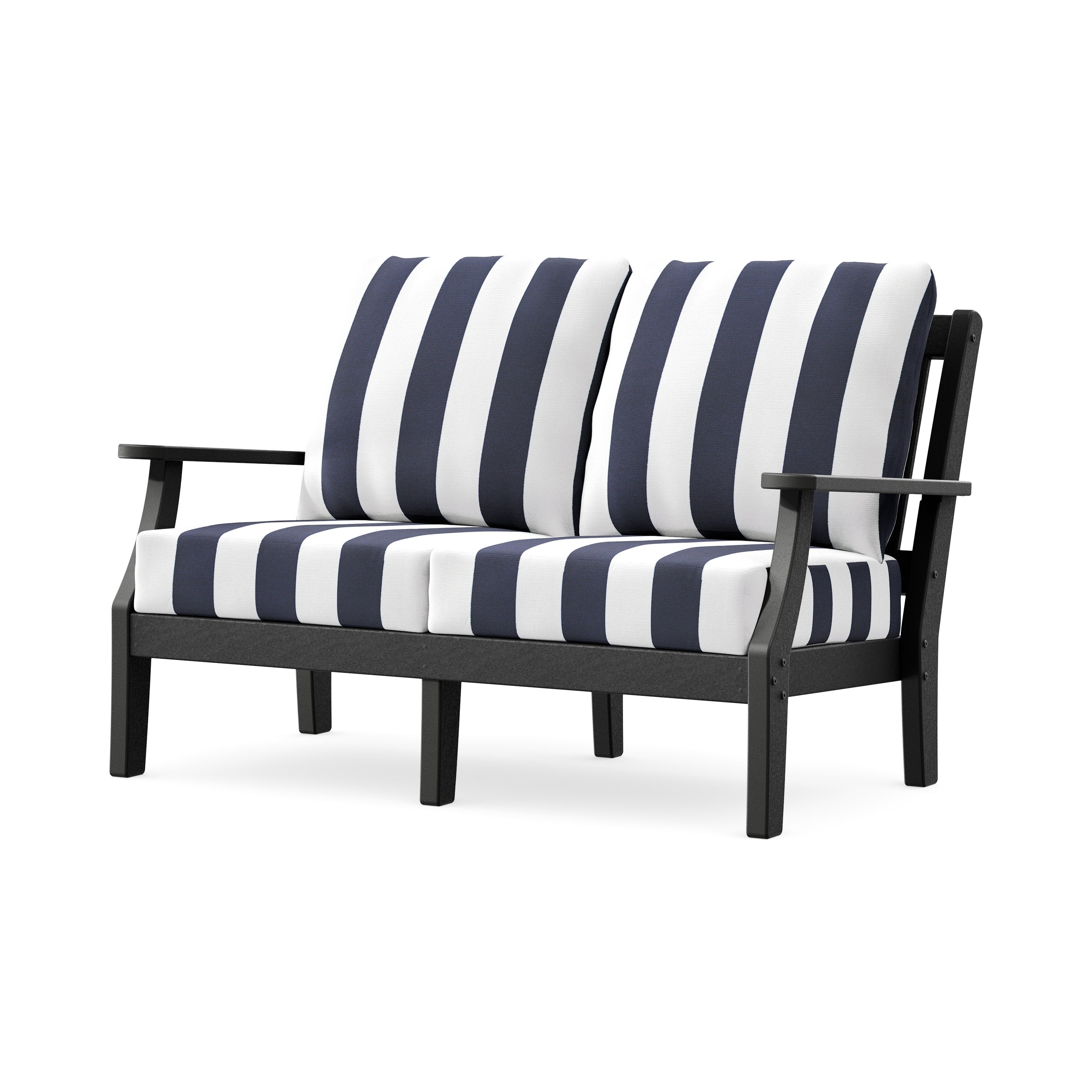 Chinoiserie Deep Seating Loveseat in Black / Cabana Stripe Navy