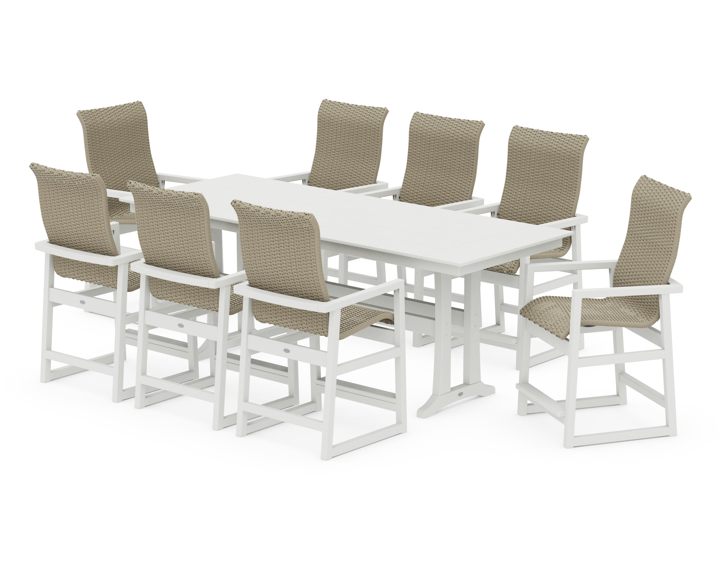 EDGE Woven Highback 9-Piece Farmhouse Counter Set with Trestle Legs in Vintage White / Dune Grass