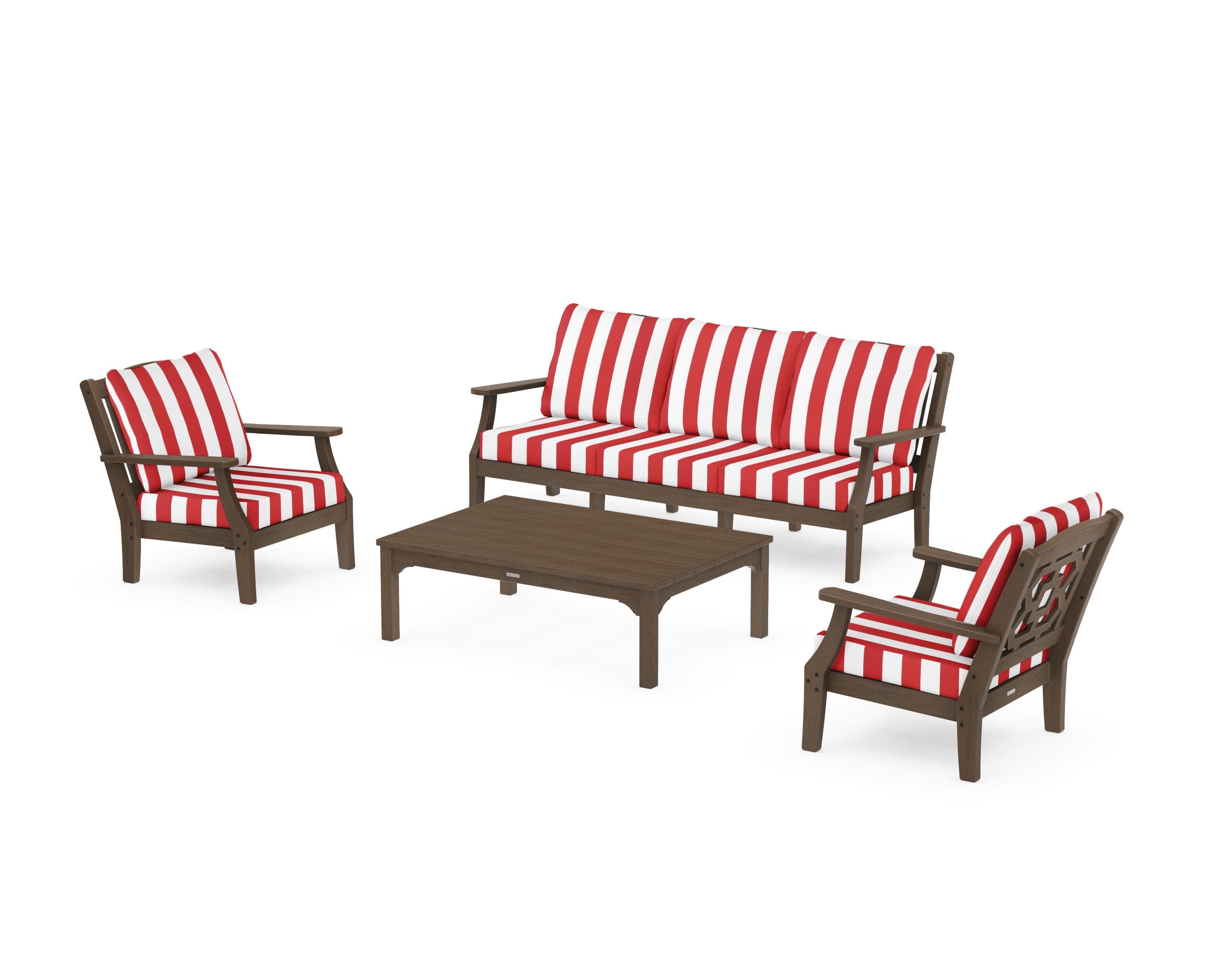Chinoiserie 4-Piece Deep Seating Set with Sofa in Kona / Cabana Stripe Crimson