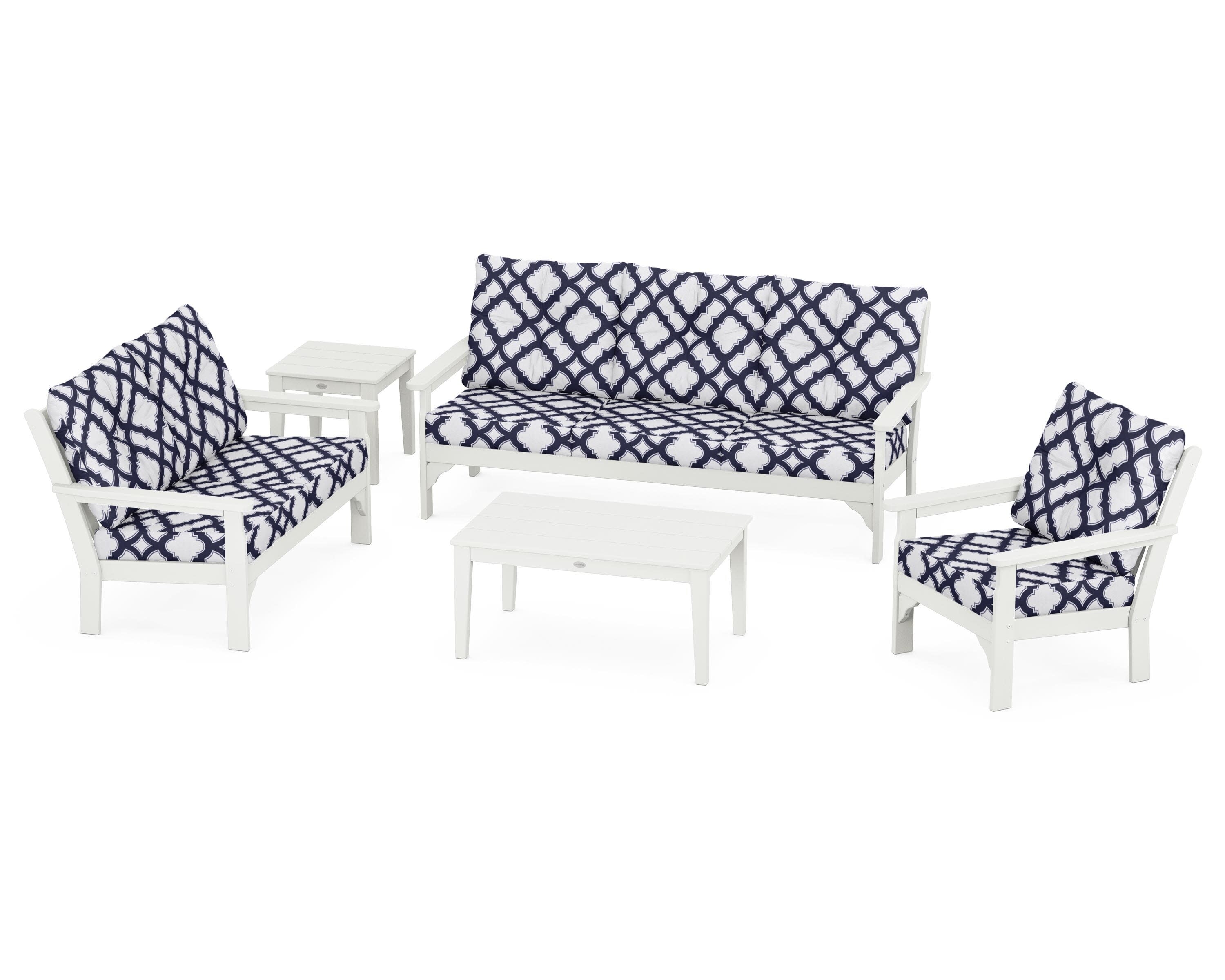 Vineyard 5 Piece Deep Seating Set in Vintage White / Trellis Navy