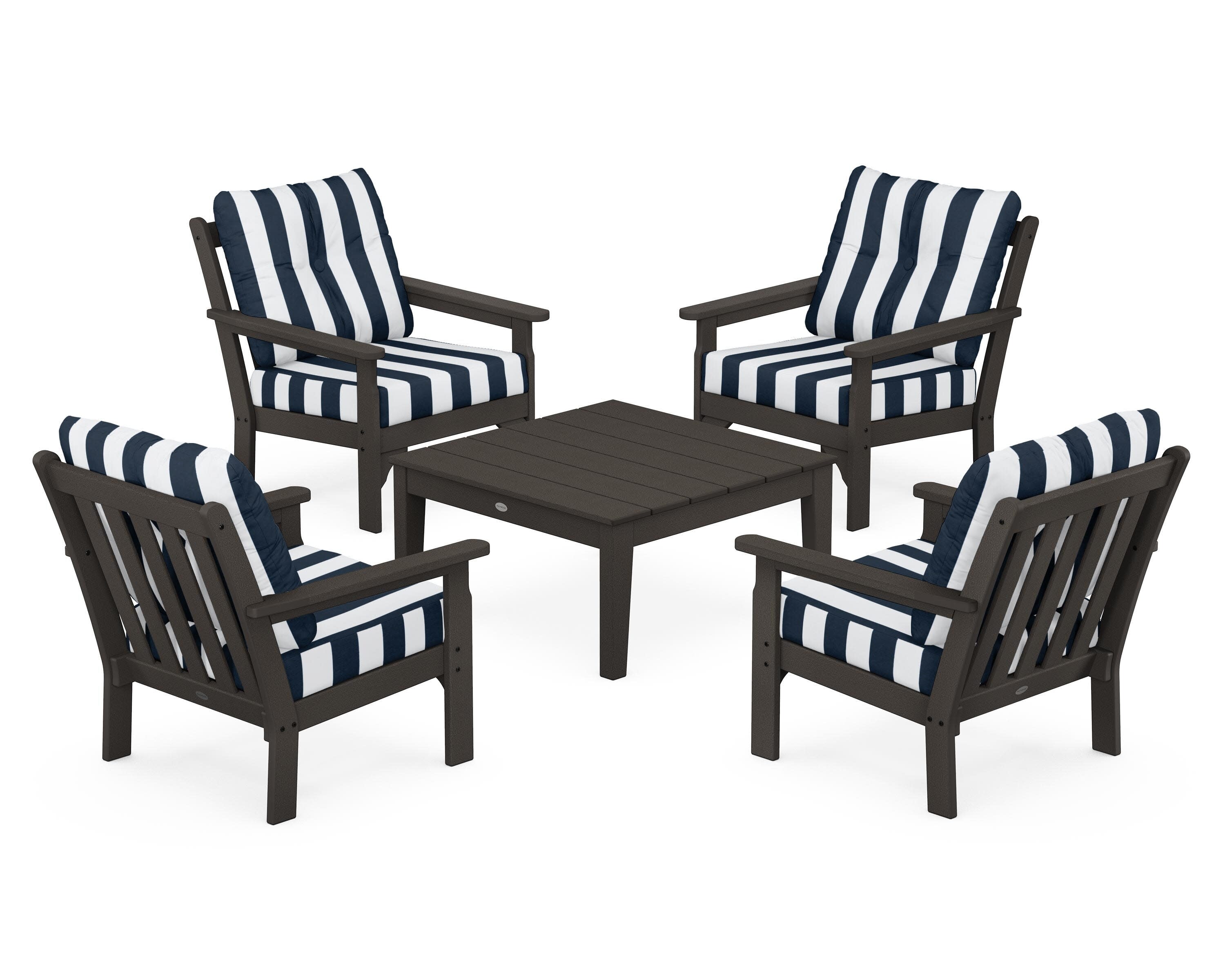 Vineyard 5-Piece Deep Seating Conversation Set in Vintage Coffee / Cabana Stripe Marine Indigo