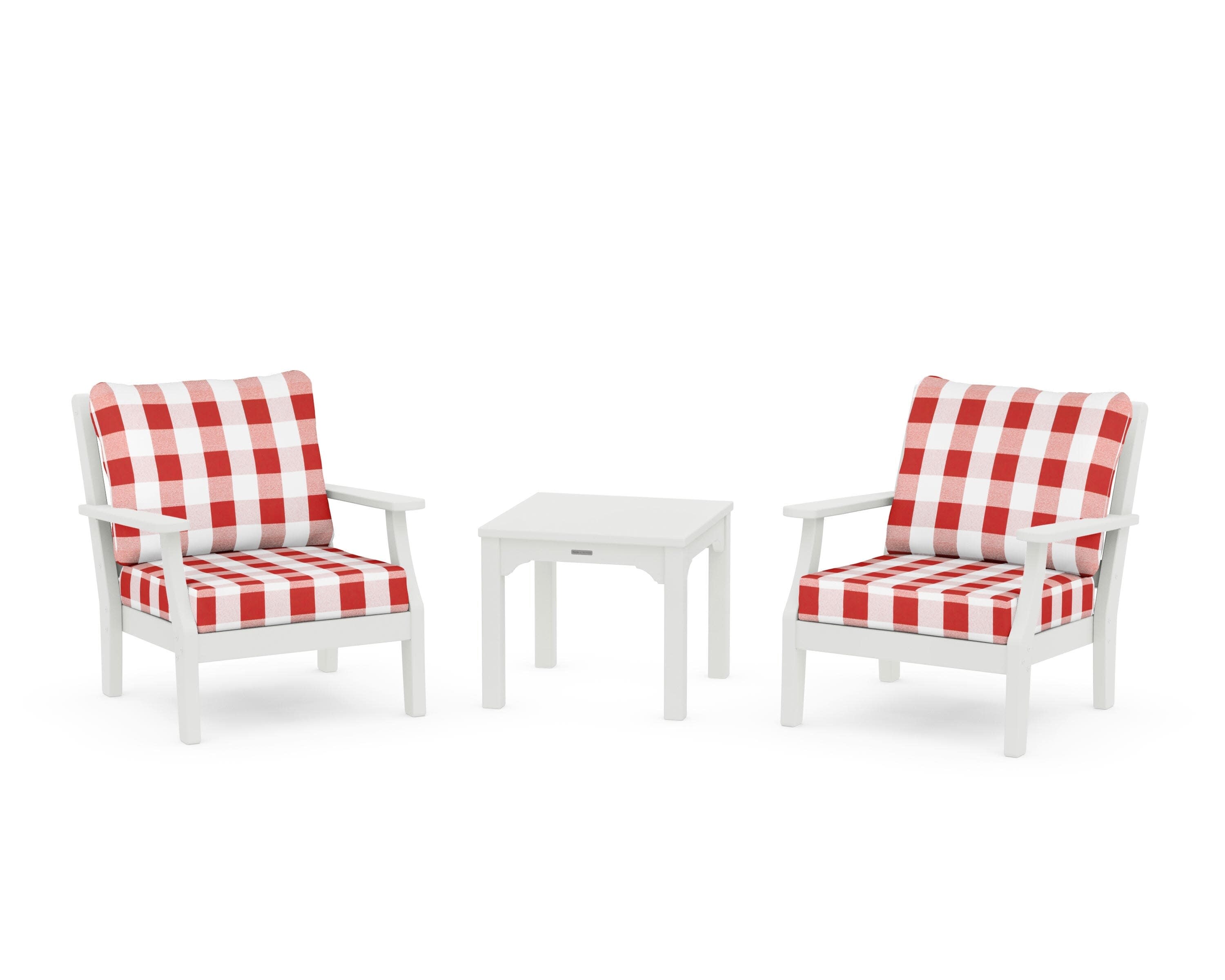 Chinoiserie 3-Piece Deep Seating Set in Vintage White / Buffalo Plaid Crimson